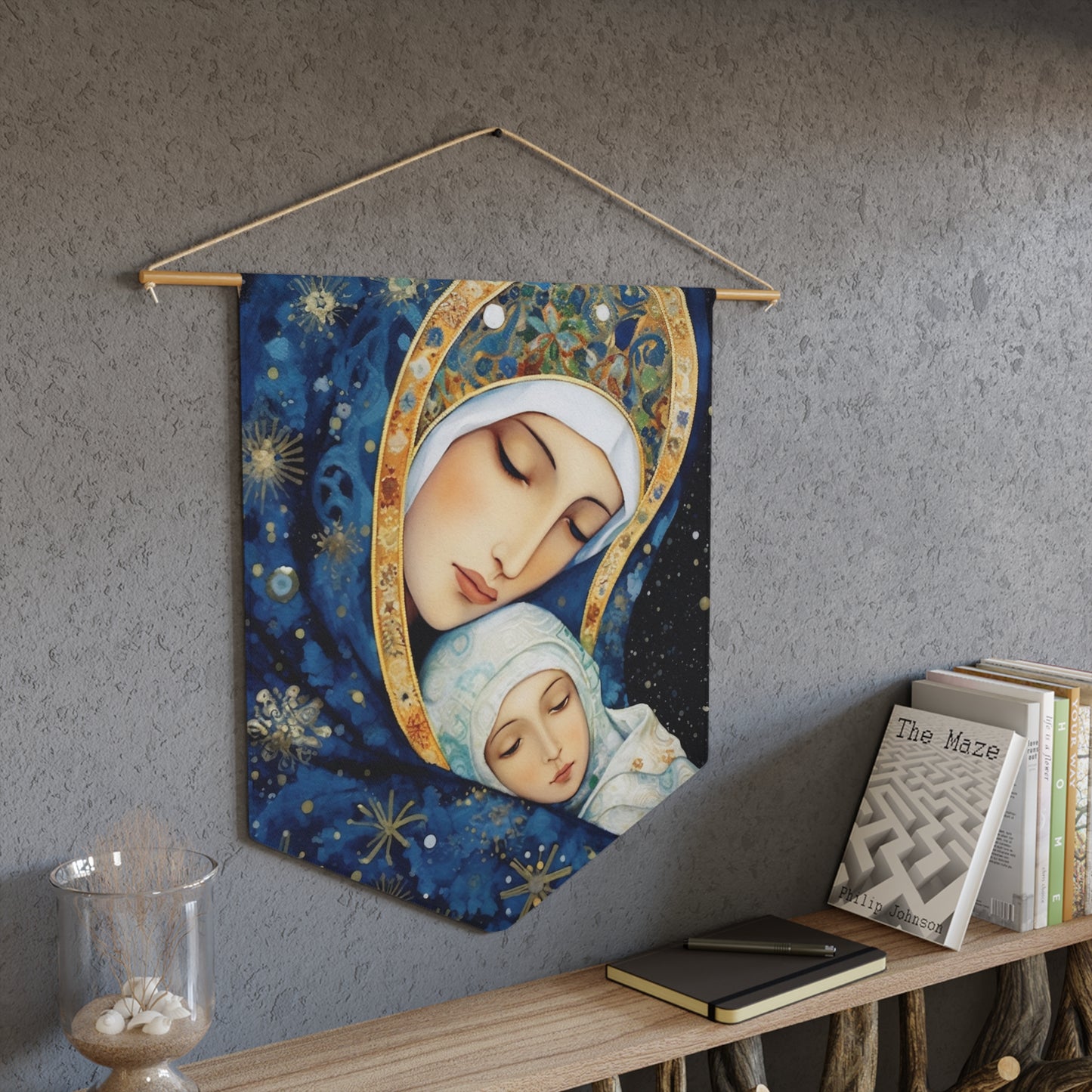 Snowfall's Embrace Wall Banner / Wall Hanging - Our Lady of the Snows - Catholic Home Art - Saint Art for your home - 18" x 21"