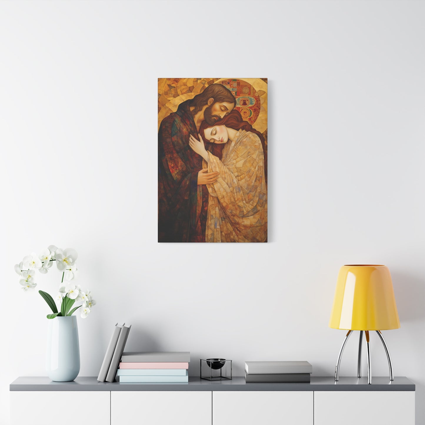 Healing Love- The Embrace of Christ and Mary Magdalene Museum Wrapped Canvas - Sanctified Souls Print -Based on Klimt's The Kiss