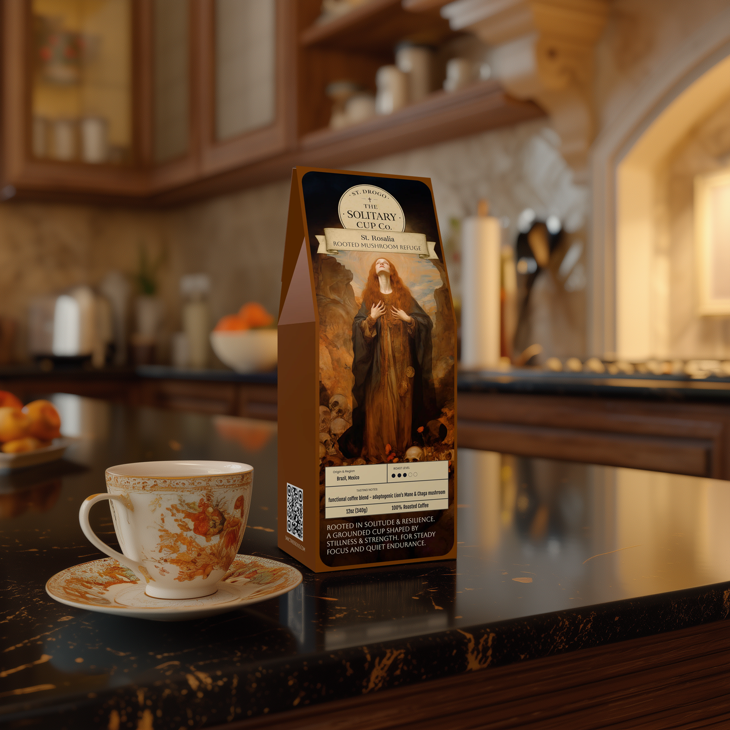 St. Rosalia - Rooted Mushroom Refuge (Functional Mushroom Blended - Medium Roast) - St. Drogo - The Solitary Cup Co. - Artisan Catholic Saint Inspired Coffee - 12 oz.