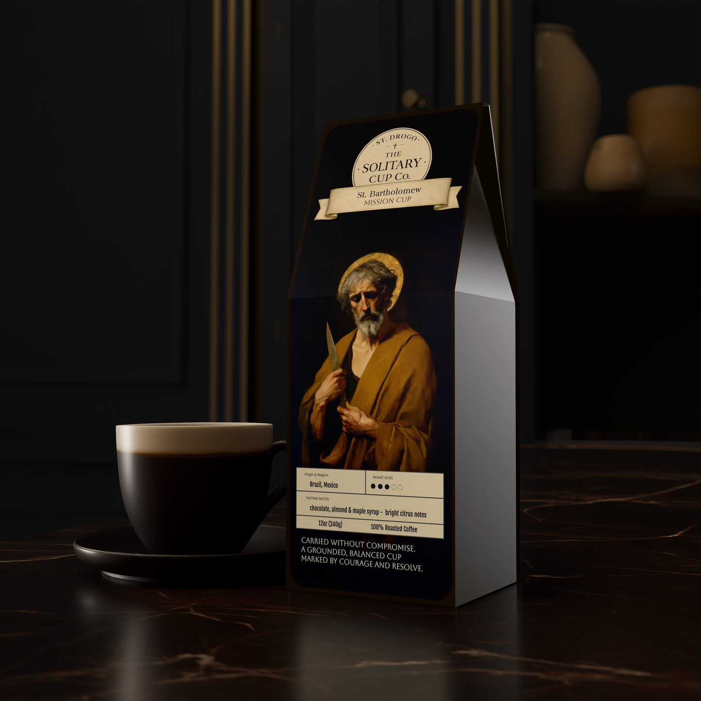 St. Bartholomew - Mission Cup (Medium Roast) - St. Drogo - The Solitary Cup Co. - Artisan Catholic Saint Inspired Coffee - 12 oz.