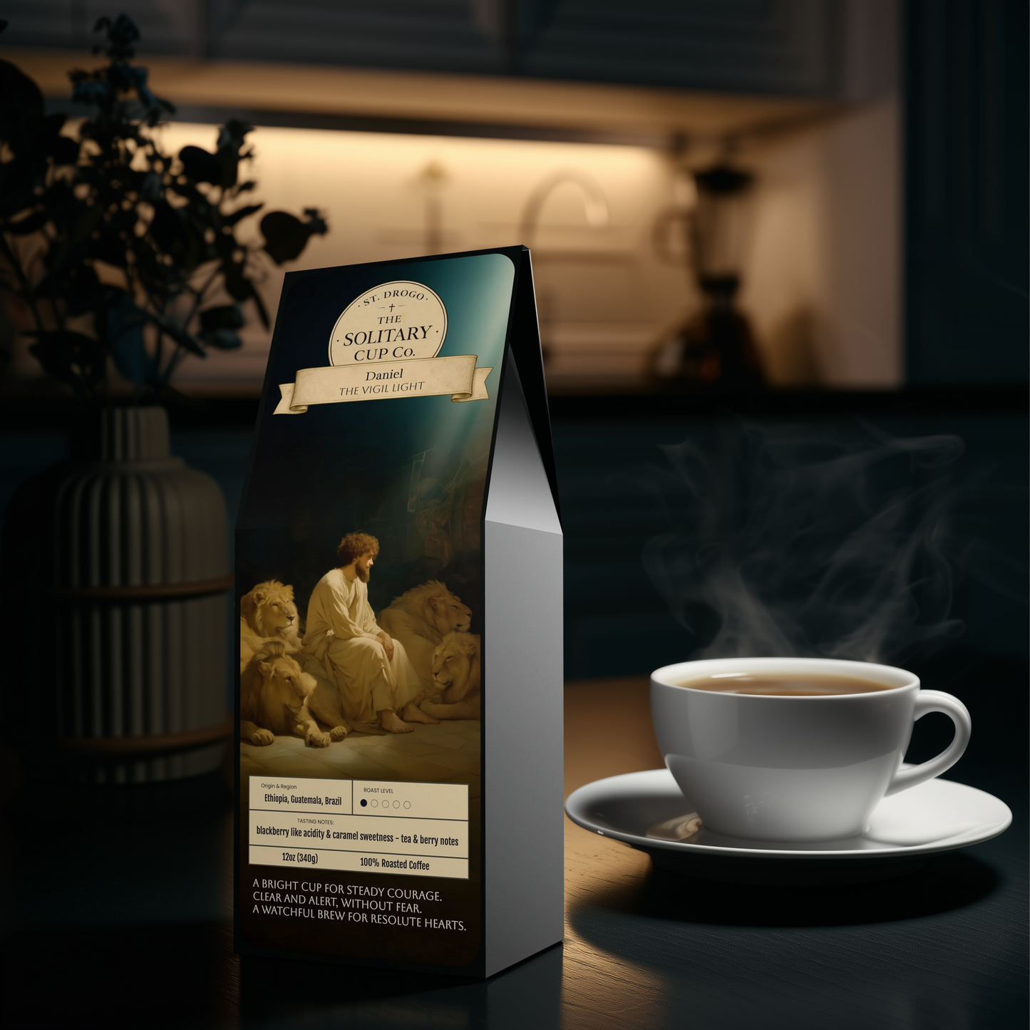 Daniel - The Vigil Light (Light Roast) - St. Drogo - The Solitary Cup Co. - Artisan Catholic Saint Inspired Coffee - 12 oz.