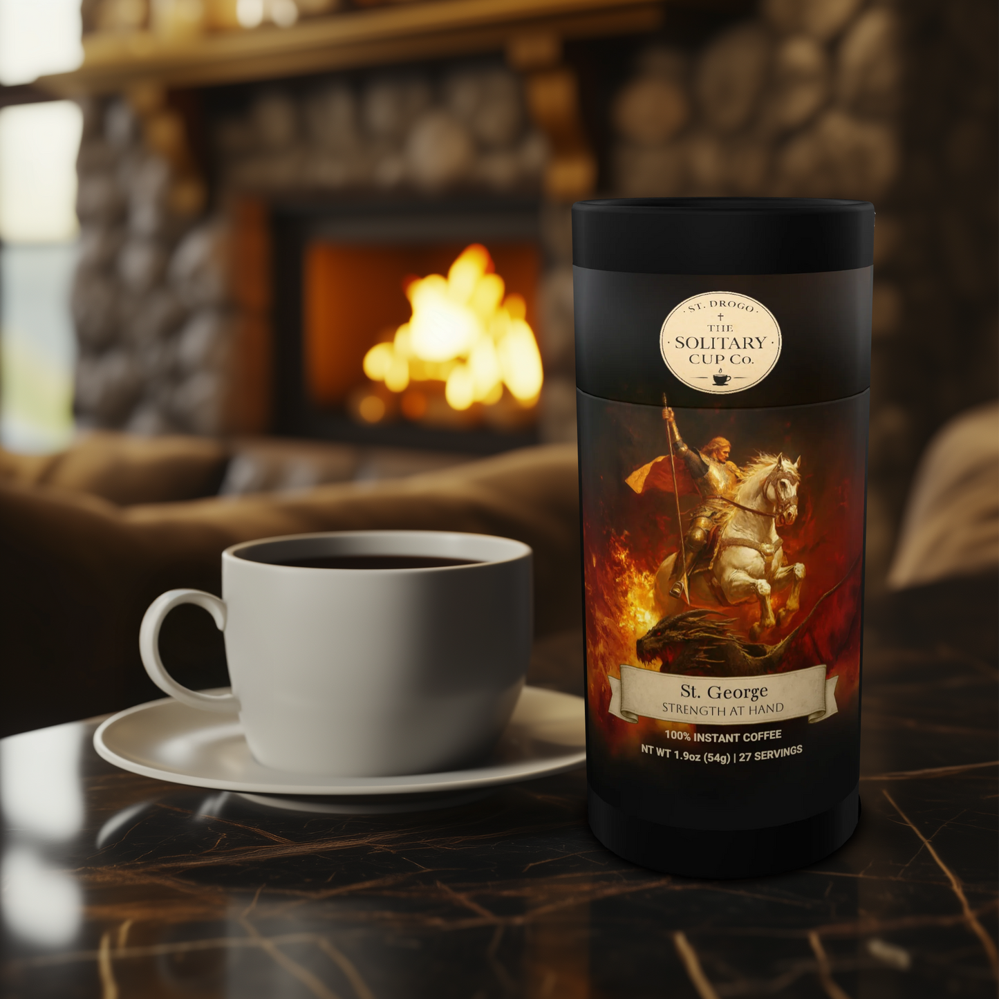 St. George - Strength at Hand (Instant Coffee Medium Roast) - St. Drogo - The Solitary Cup Co. - Artisan Catholic Saint Inspired Coffee - Instant coffee (freeze-dried) - NT WT 1.9oz (54g) - 27 SERVINGS