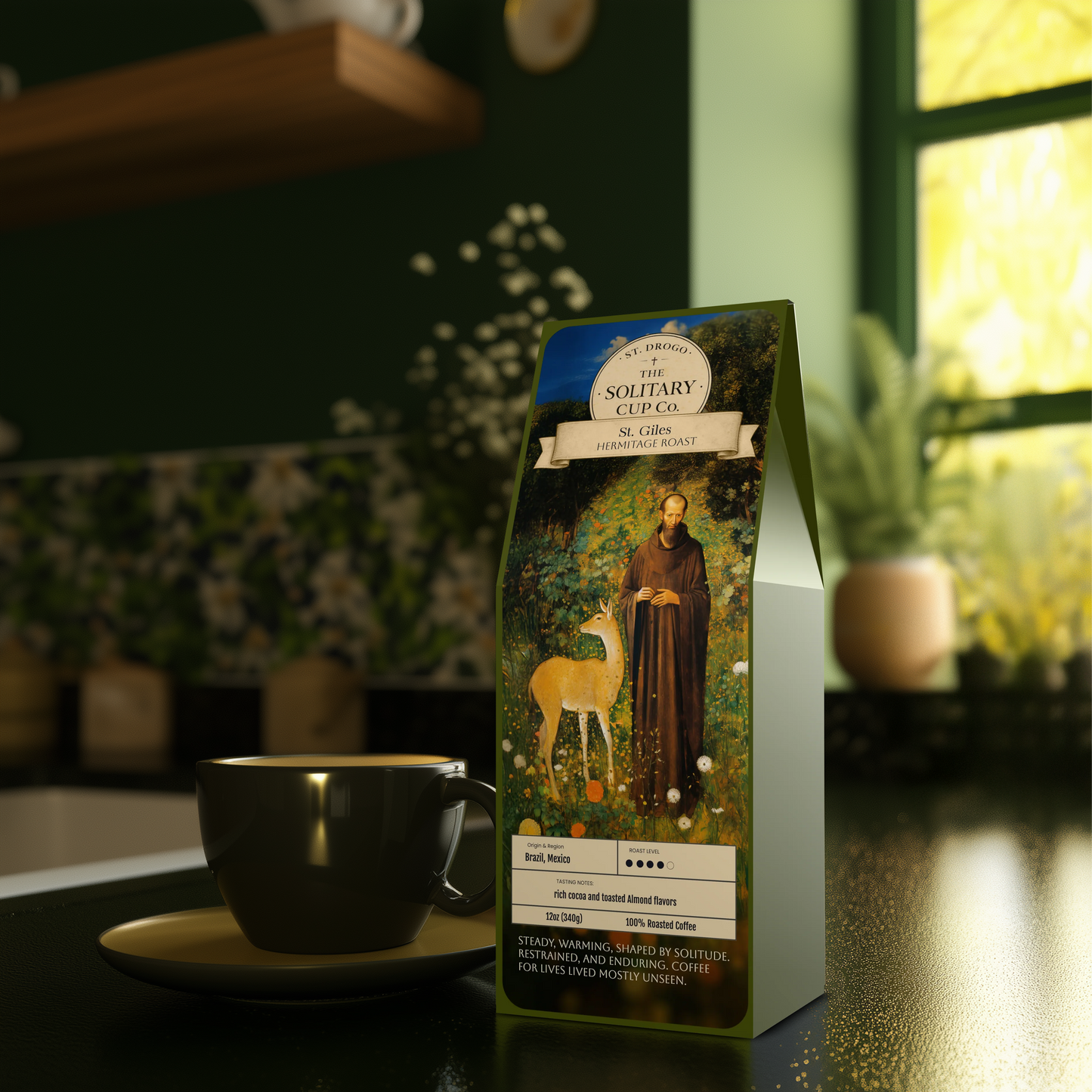 St. Giles - Hermitage Roast (Medium-Dark Roast) - St. Drogo - The Solitary Cup Co. - Artisan Catholic Saint Inspired Coffee - 12 oz.