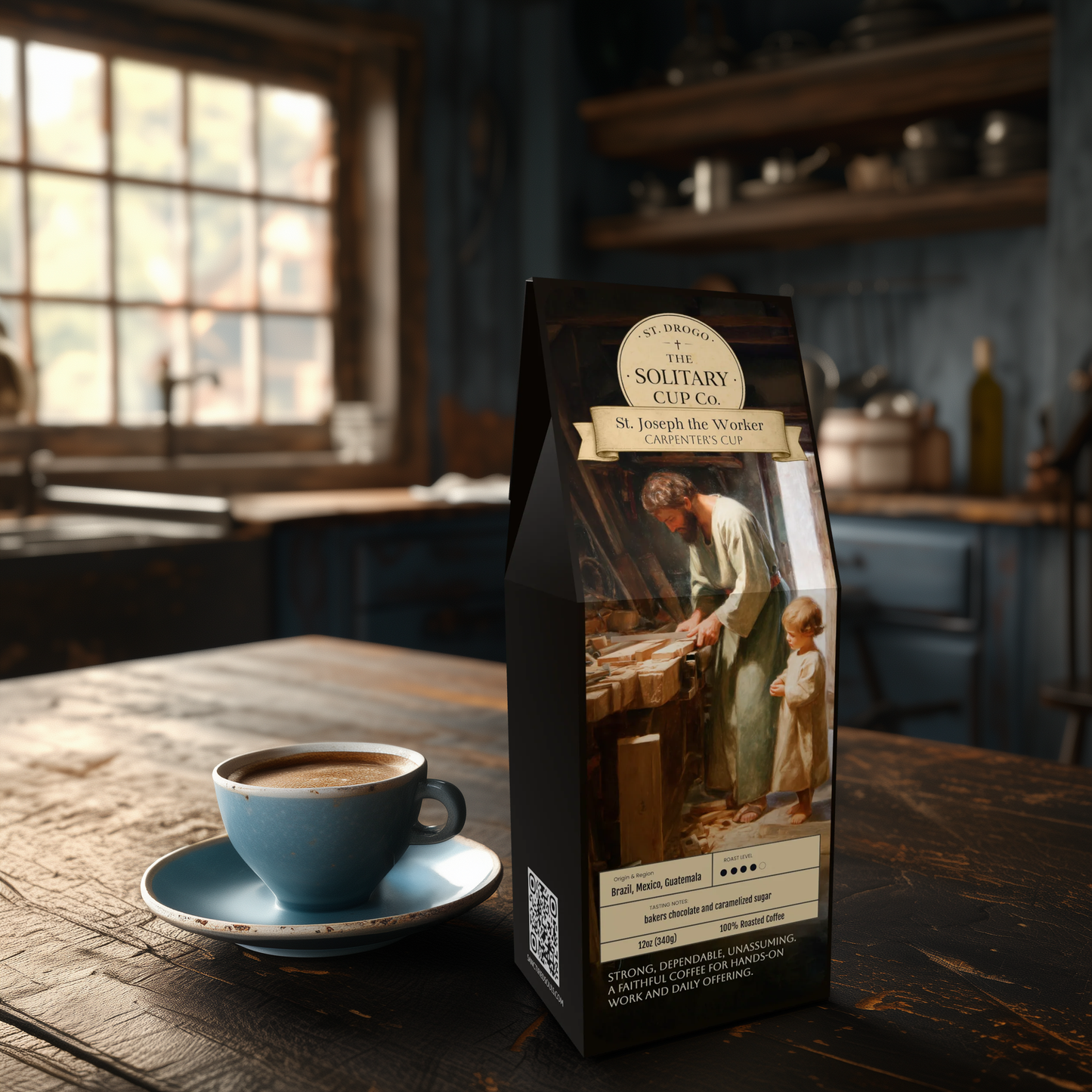 St. Joseph the Worker - Carpenter's Cup (Medium-Dark Roast) - St. Drogo - The Solitary Cup Co. - Artisan Catholic Saint Inspired Coffee - 12 oz.