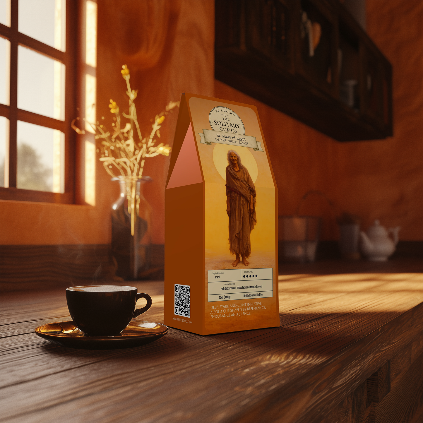 St. Mary of Egypt - Desert Night Roast (Dark French Roast) - St. Drogo - The Solitary Cup Co. - Artisan Catholic Saint Inspired Coffee - 12 oz.