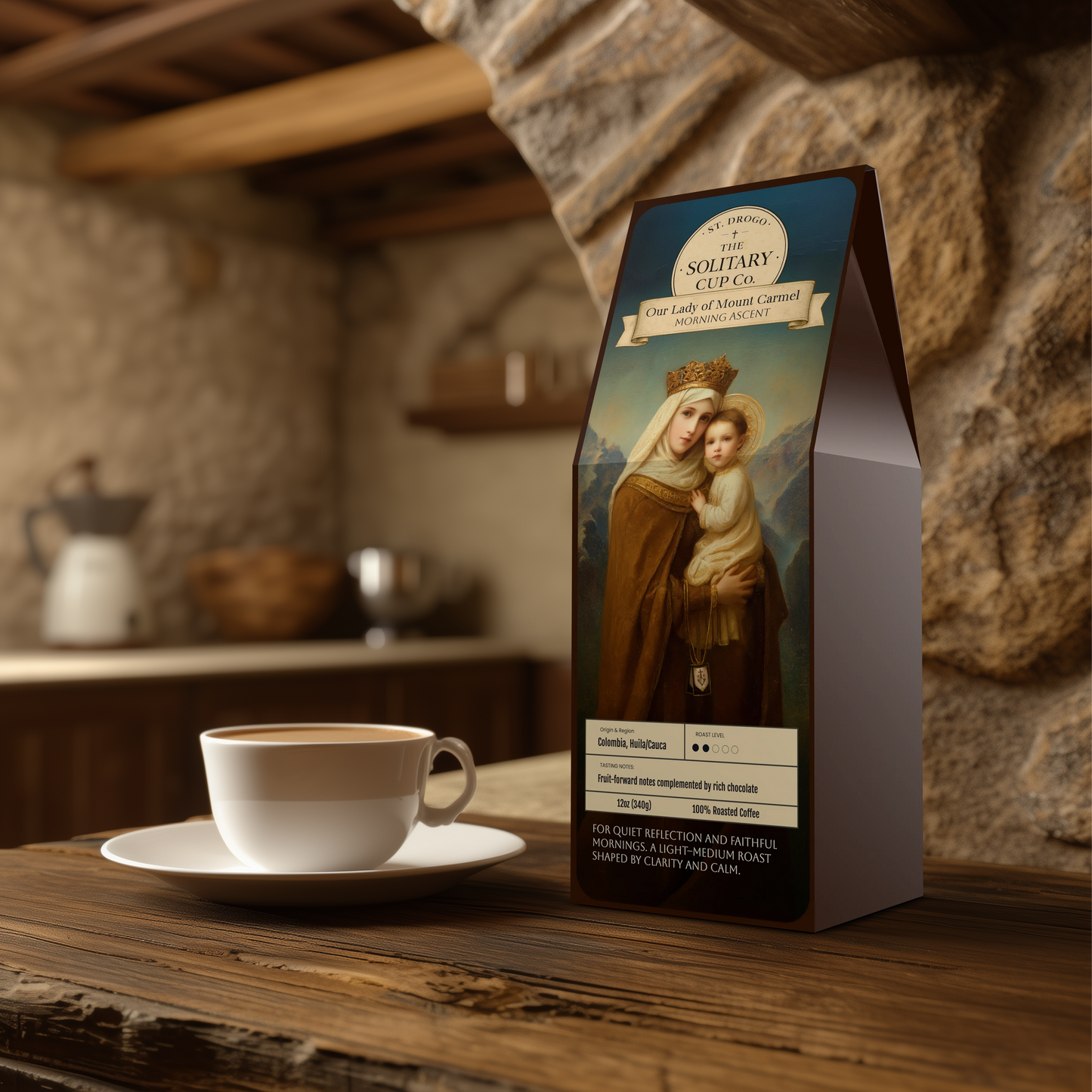 Our Lady of Mount Carmel - Morning Ascent (Light-Medium Roast) - St. Drogo - The Solitary Cup Co. - Artisan Catholic Saint Inspired Coffee - 12 oz