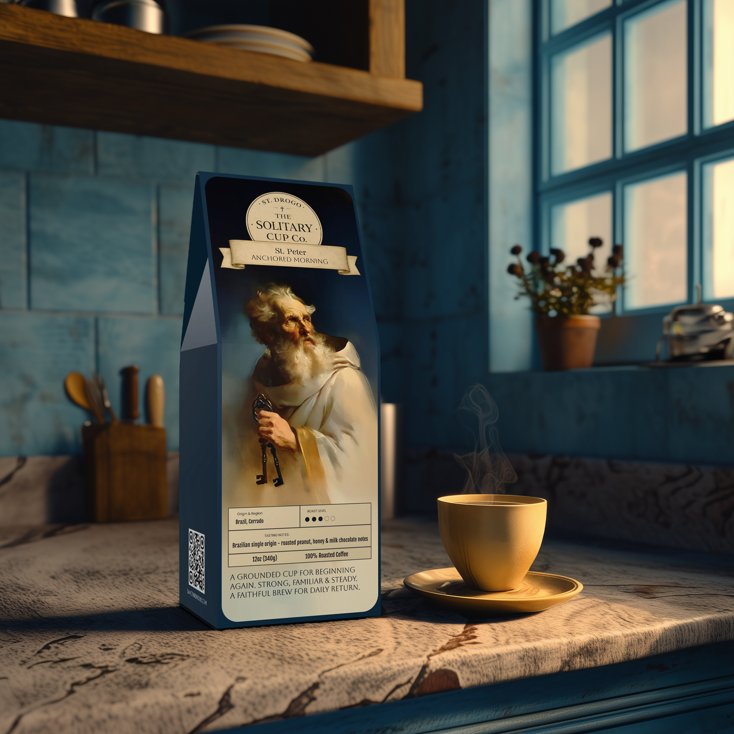 St. Peter - Anchored Morning (Single Origin Medium Roast) - St. Drogo - The Solitary Cup Co. - Artisan Catholic Saint Inspired Coffee - 12 oz.