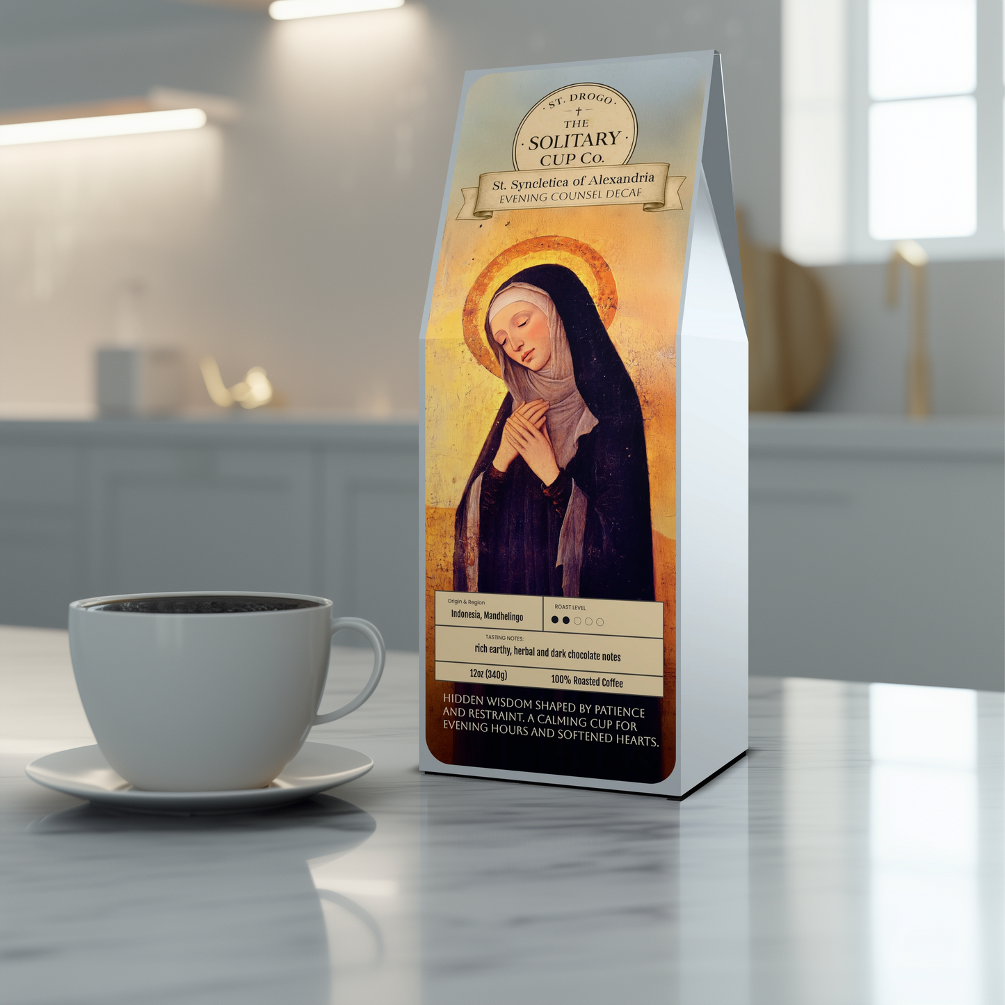 St. Syncletica of Alexandria - Evening Counsel Decaf (Decaffeinated Medium Roast) - St. Drogo - The Solitary Cup Co. - Artisan Catholic Saint Inspired Coffee - 12 oz.