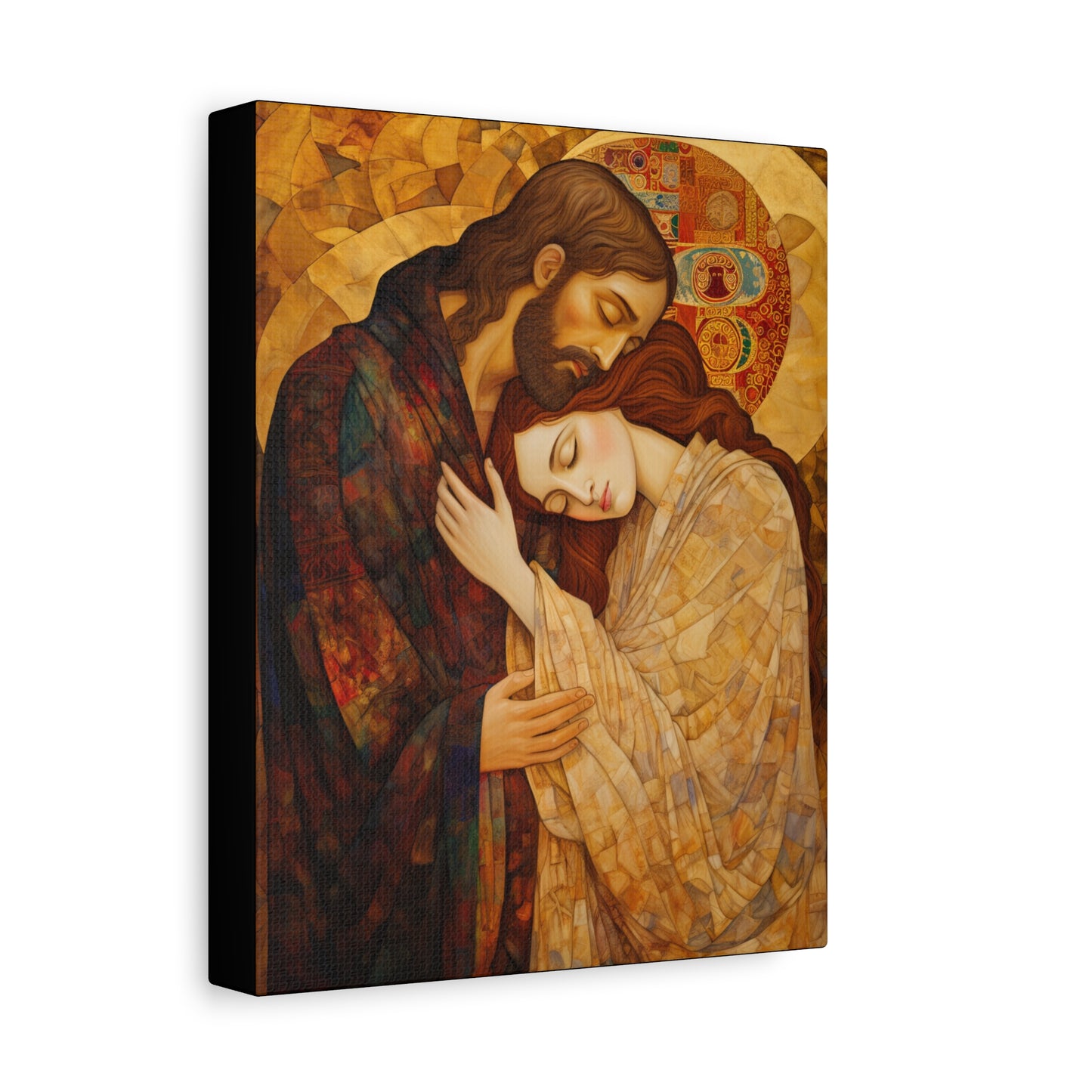 Healing Love- The Embrace of Christ and Mary Magdalene Museum Wrapped Canvas - Sanctified Souls Print -Based on Klimt's The Kiss