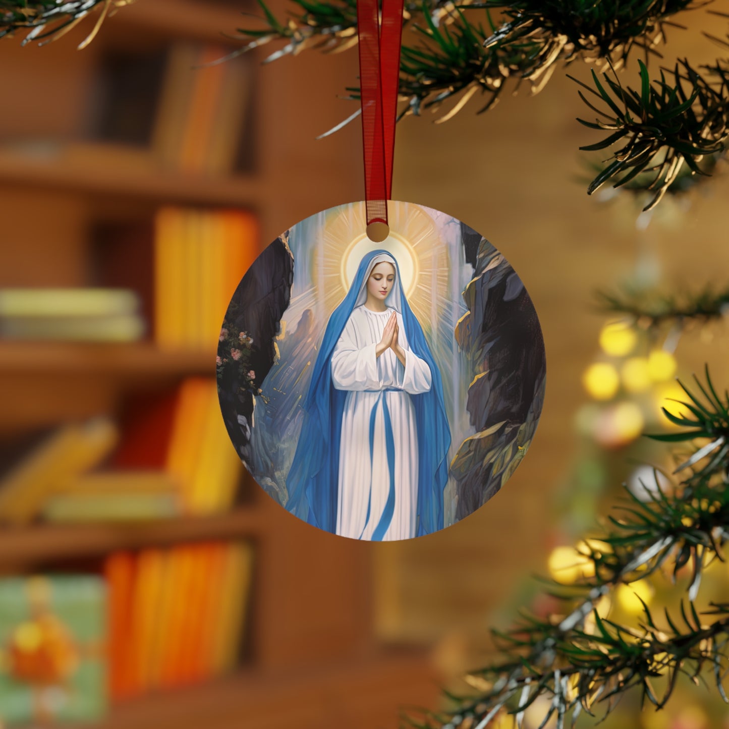 Our Lady of Lourdes Metal Ornament - Religious Holiday Christmas Ornament and Keepsake - Double sided