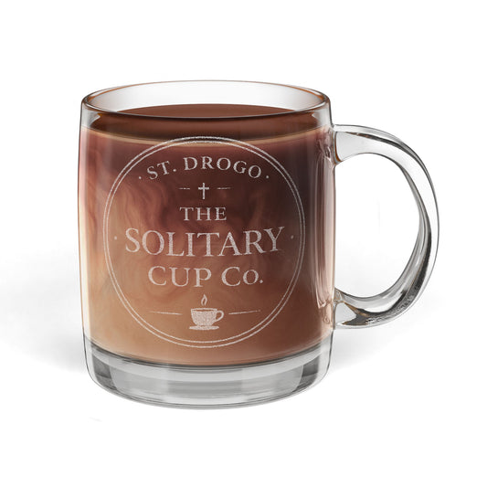 St. Drogo - The Solitary Cup Co. Glass Coffee Mug, 12.25oz (Engraving - Etched Glass