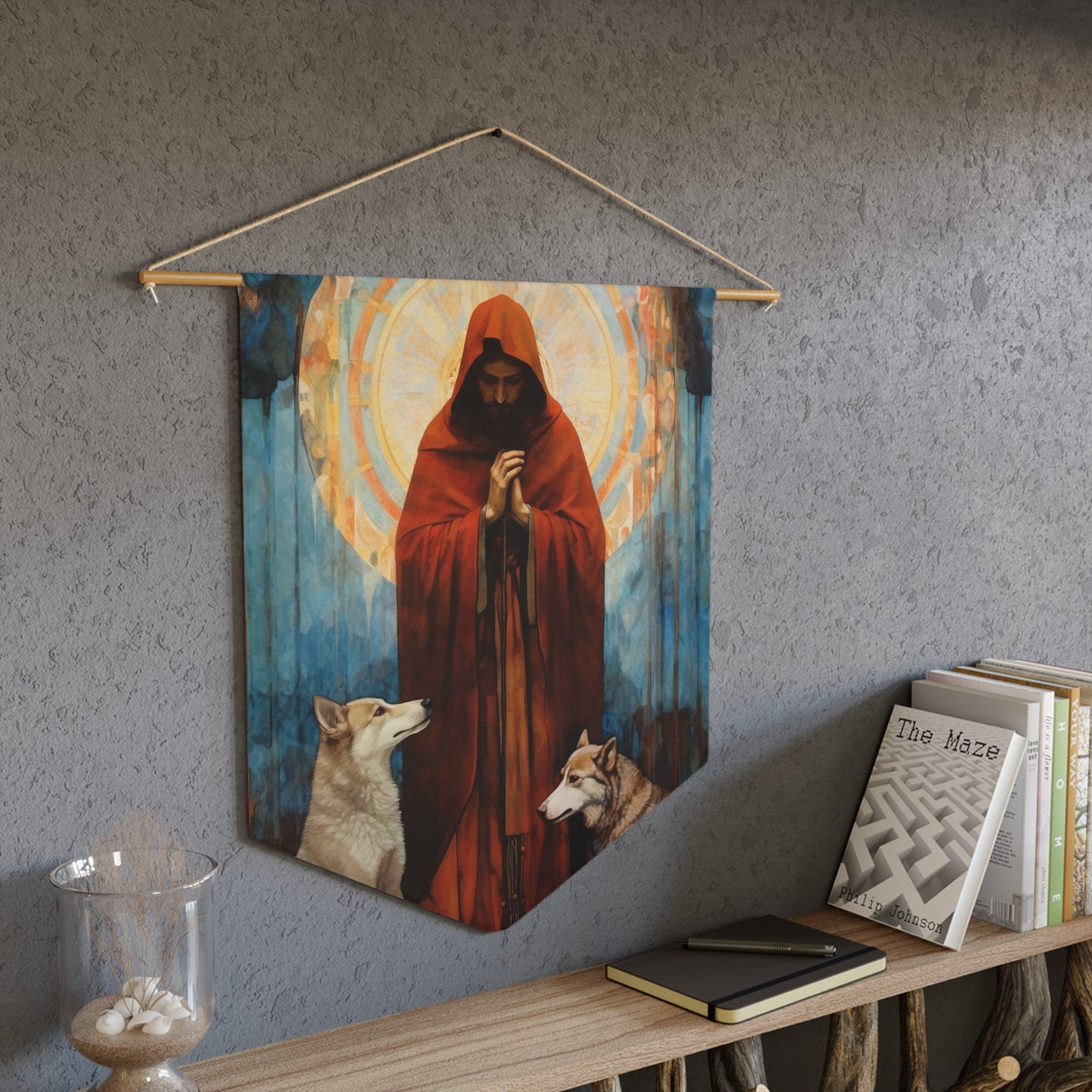 Saint Ailbhe Wall Banner / Wall Hanging - Catholic Home Art - Large Saint Art for your home - 18" x 21" - Patron Saint of Wolves
