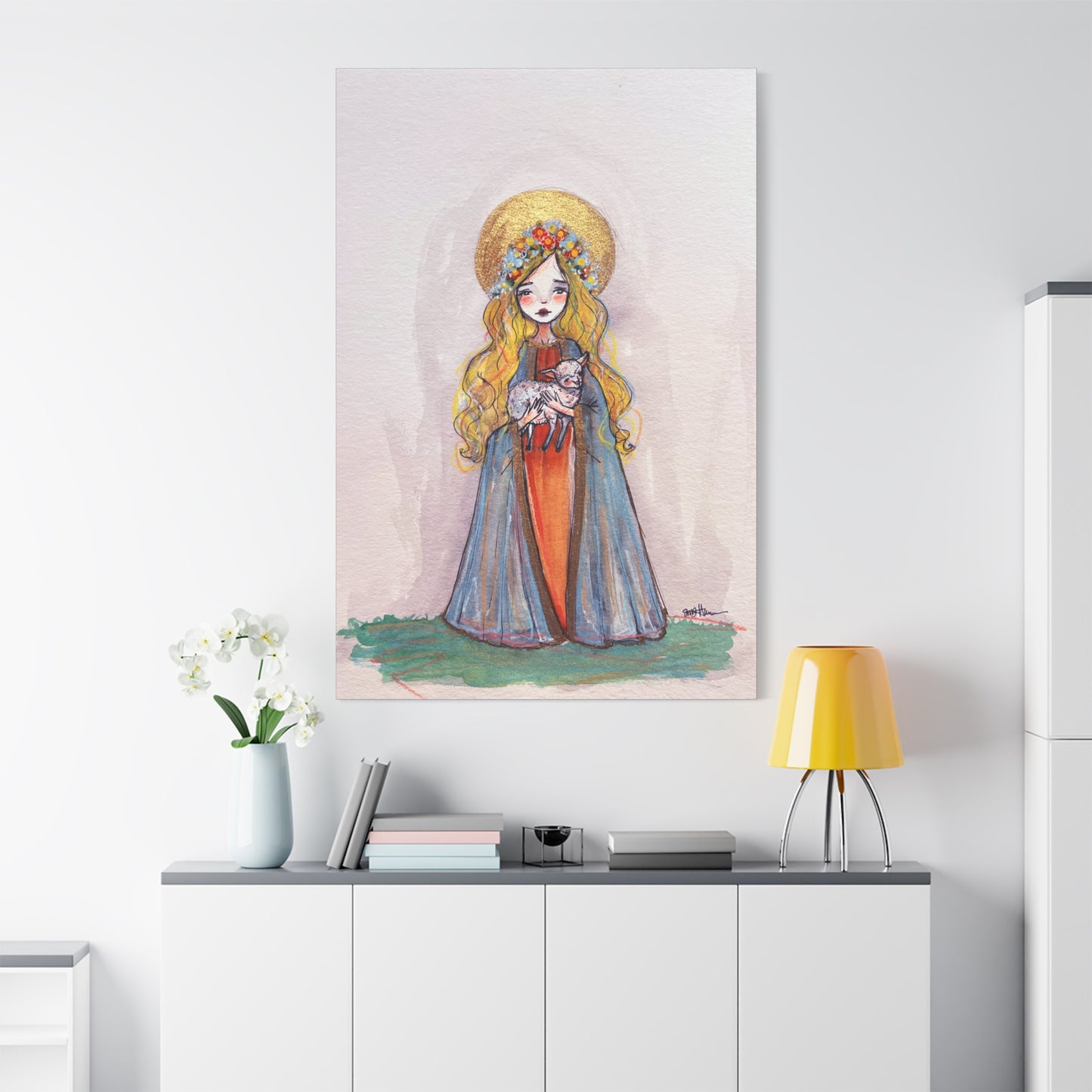 Saint Agnes of Rome Catholic Canvas Print | Christian Sacred Art | Hand-Drawn Watercolor Devotional Wall Art Religious Artwork