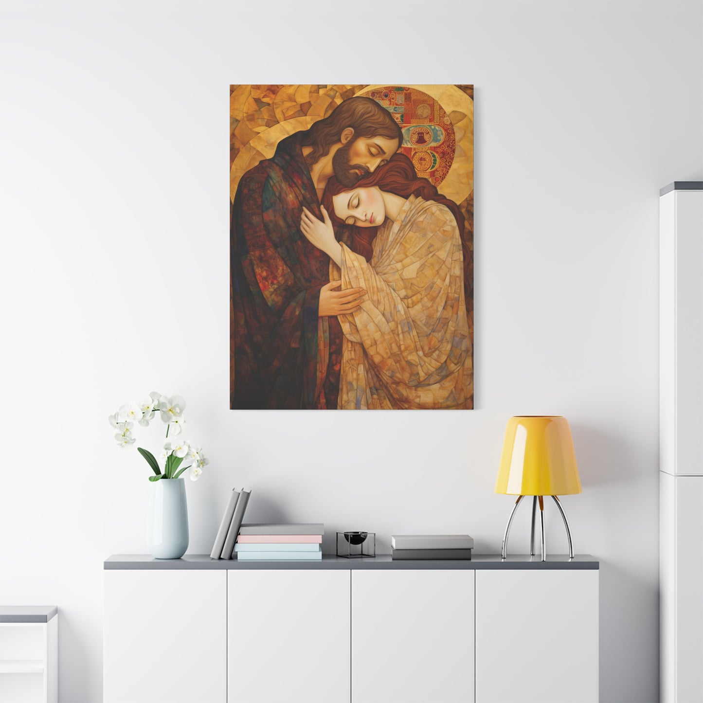 Healing Love- The Embrace of Christ and Mary Magdalene Museum Wrapped Canvas - Sanctified Souls Print -Based on Klimt's The Kiss