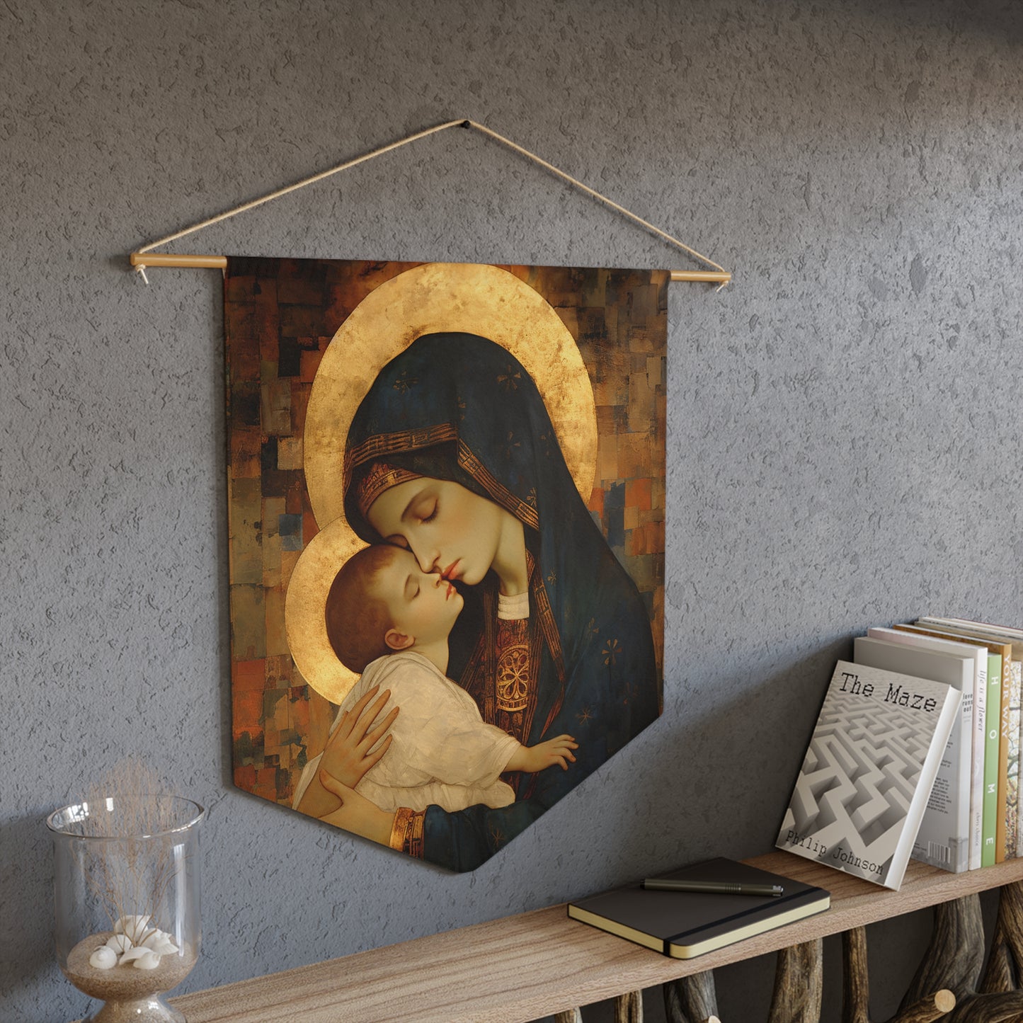 Mother of Mercy Wall Banner / Wall Hanging - The Virgin Mary and the Christ Child - Prayer room art - Catholic Home Art - 18" x 21"