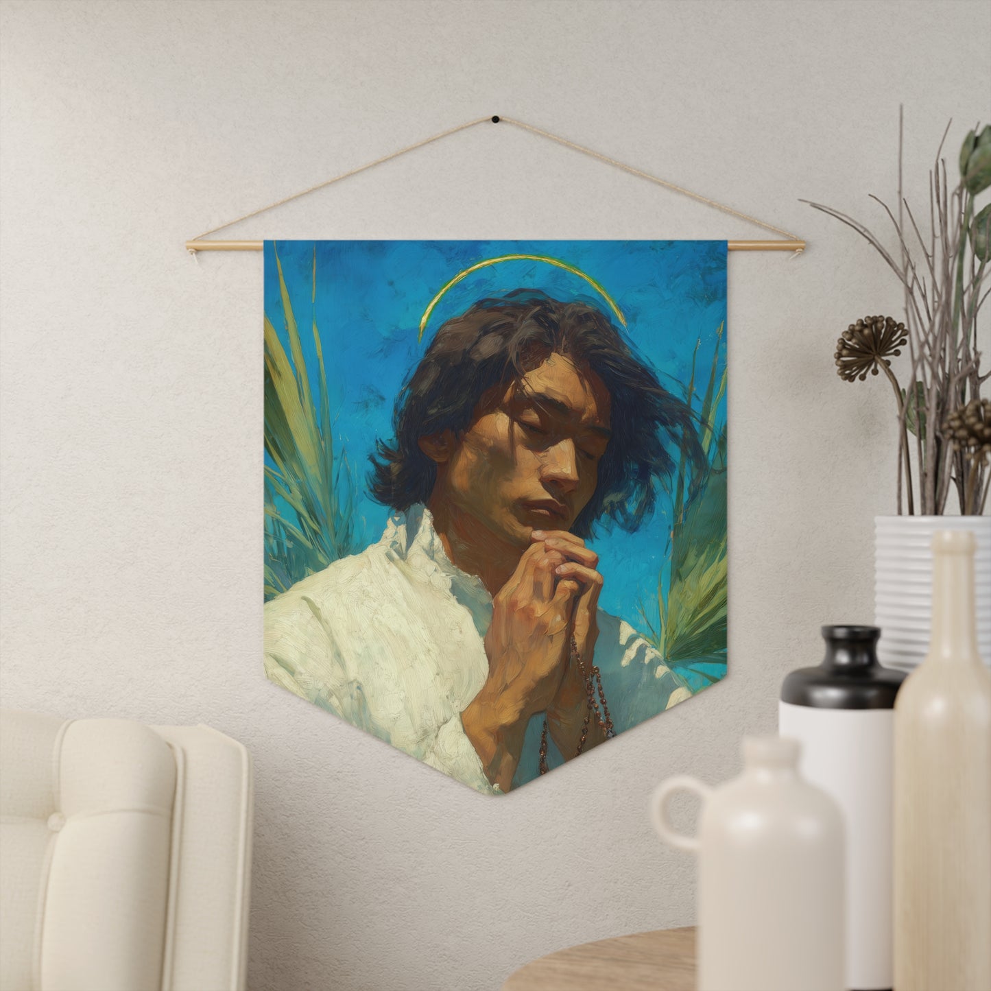 Saint Lorenzo Ruiz Pennant / Banner / Wall Hanging - Prayer room art - 18" x 21" - Catholic - Large Banner - Catholic Home Art