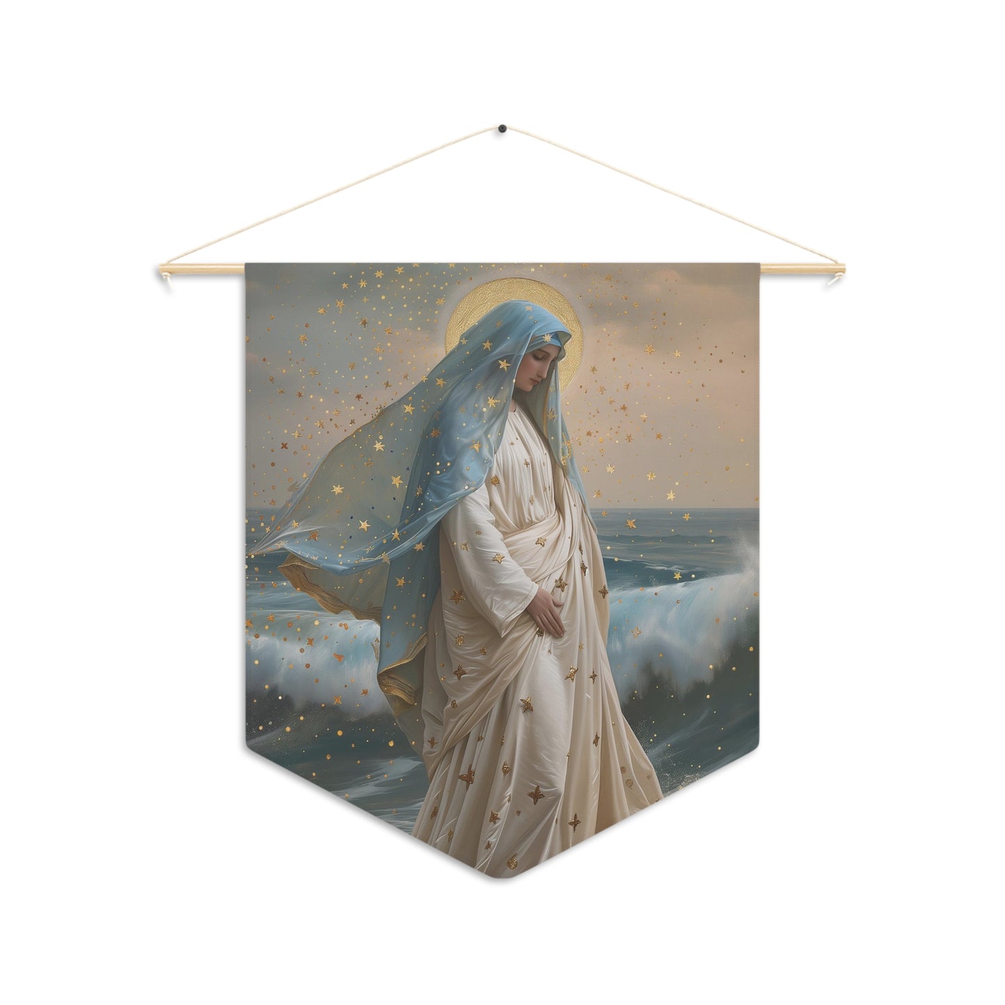 Ocean's Embrace - Devotion to Our Lady Star of the Sea Wall Banner / Wall Hanging - Prayer room art - Catholic - Virgin Mary - 18" x 21"