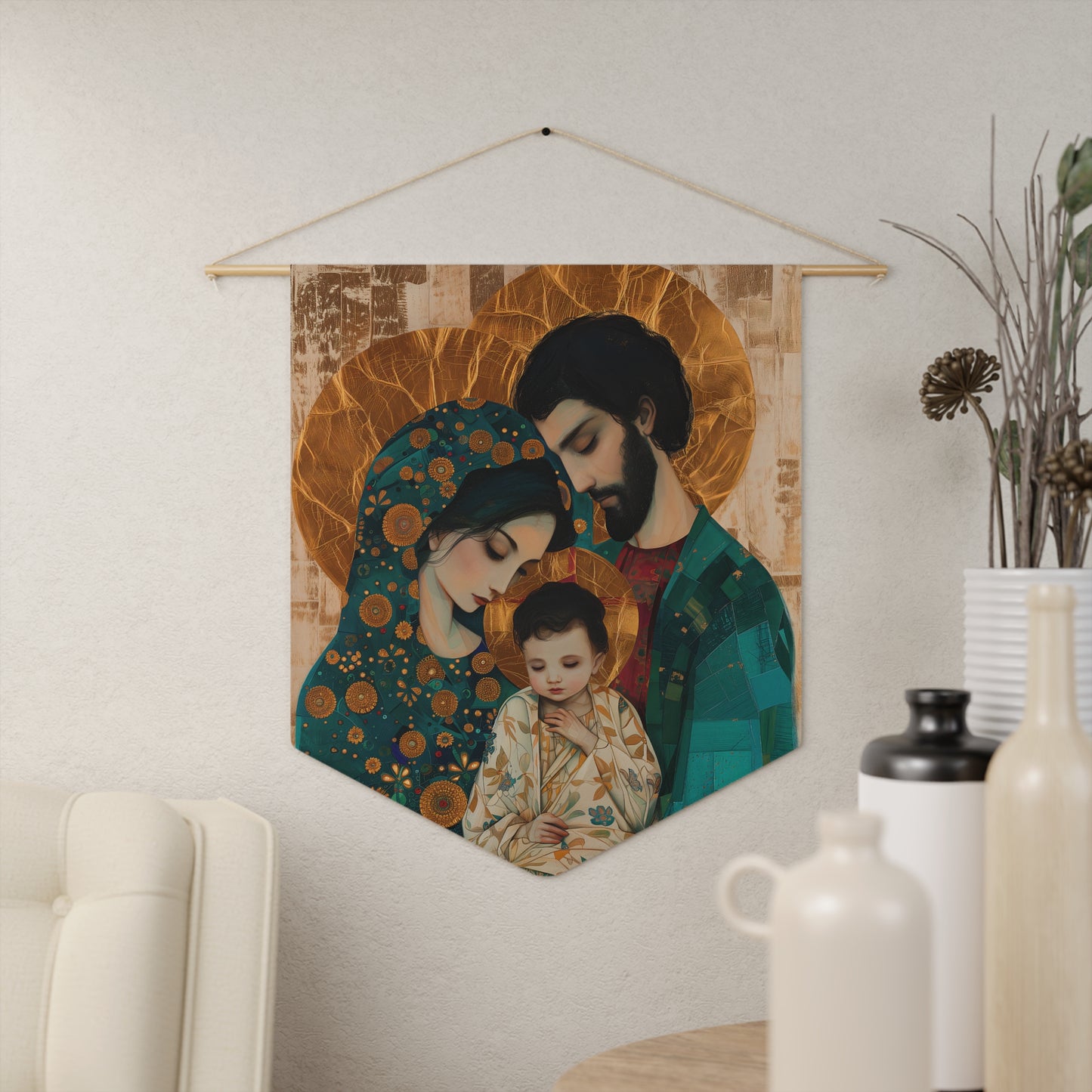 Sacred Love- The Holy Family Portrait Wall Banner / Wall Hanging - Prayer room art - Catholic - Large - 18" x 21" - Jesus, Mary, Joseph