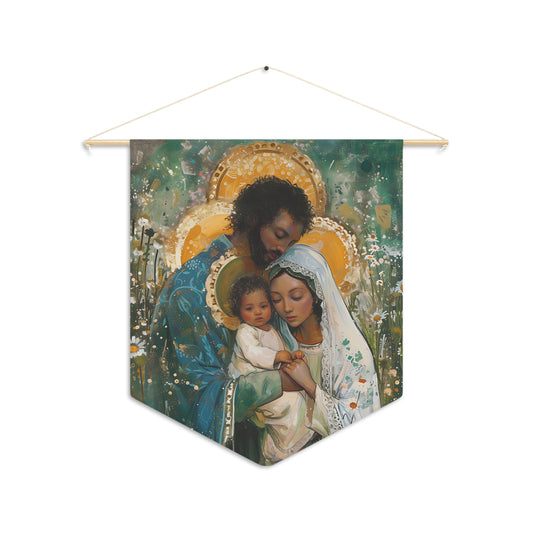 Sacred Sanctuary - Mary, Joseph, and the Infant Jesus Wall Banner / Wall Hanging - Prayer room art - Catholic - Large Saint Art - 18" x 21"