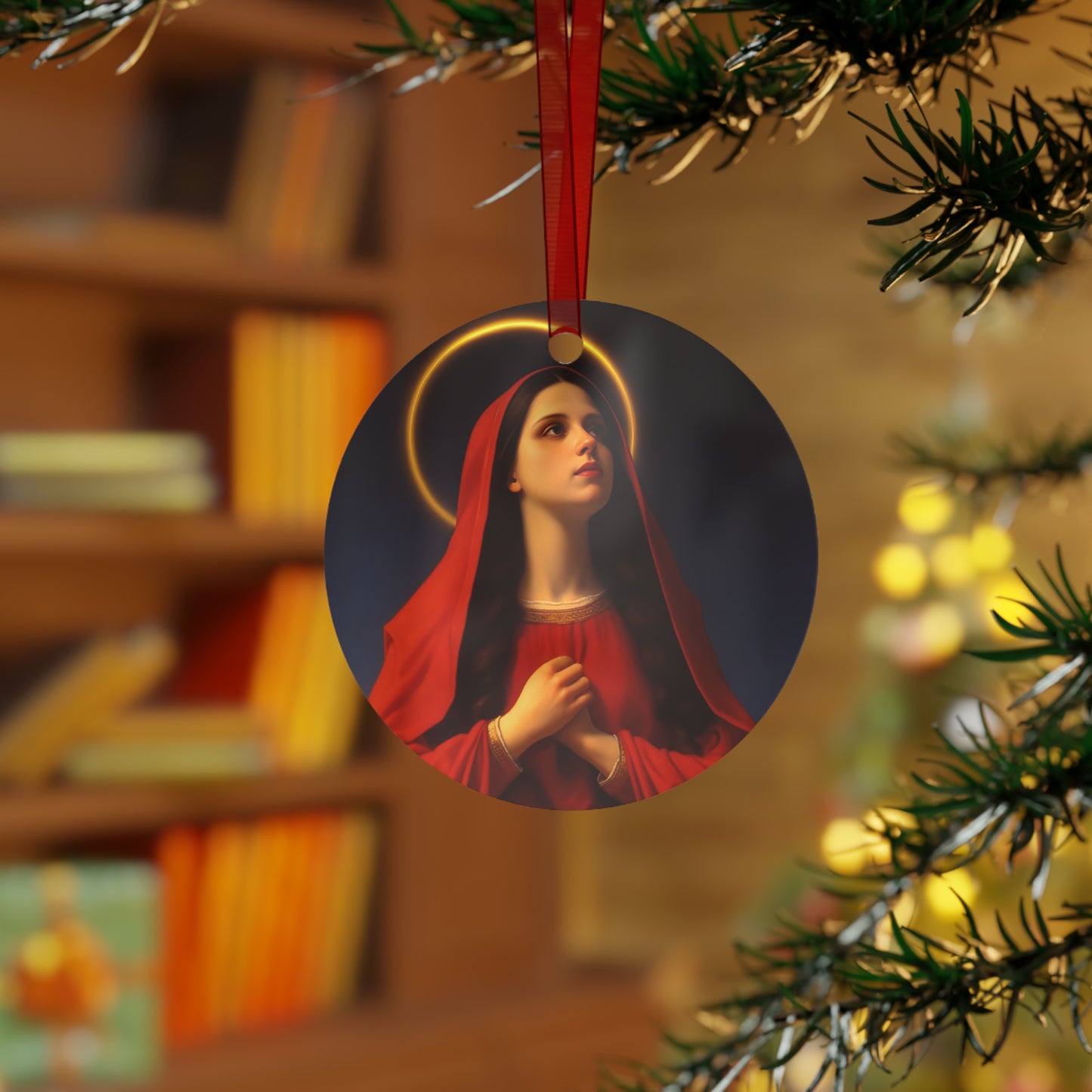 Mary the Blessed Virgin Metal Ornament - Religious Holiday Christmas Ornament and Keepsake - Double sided - Prayer Ornament