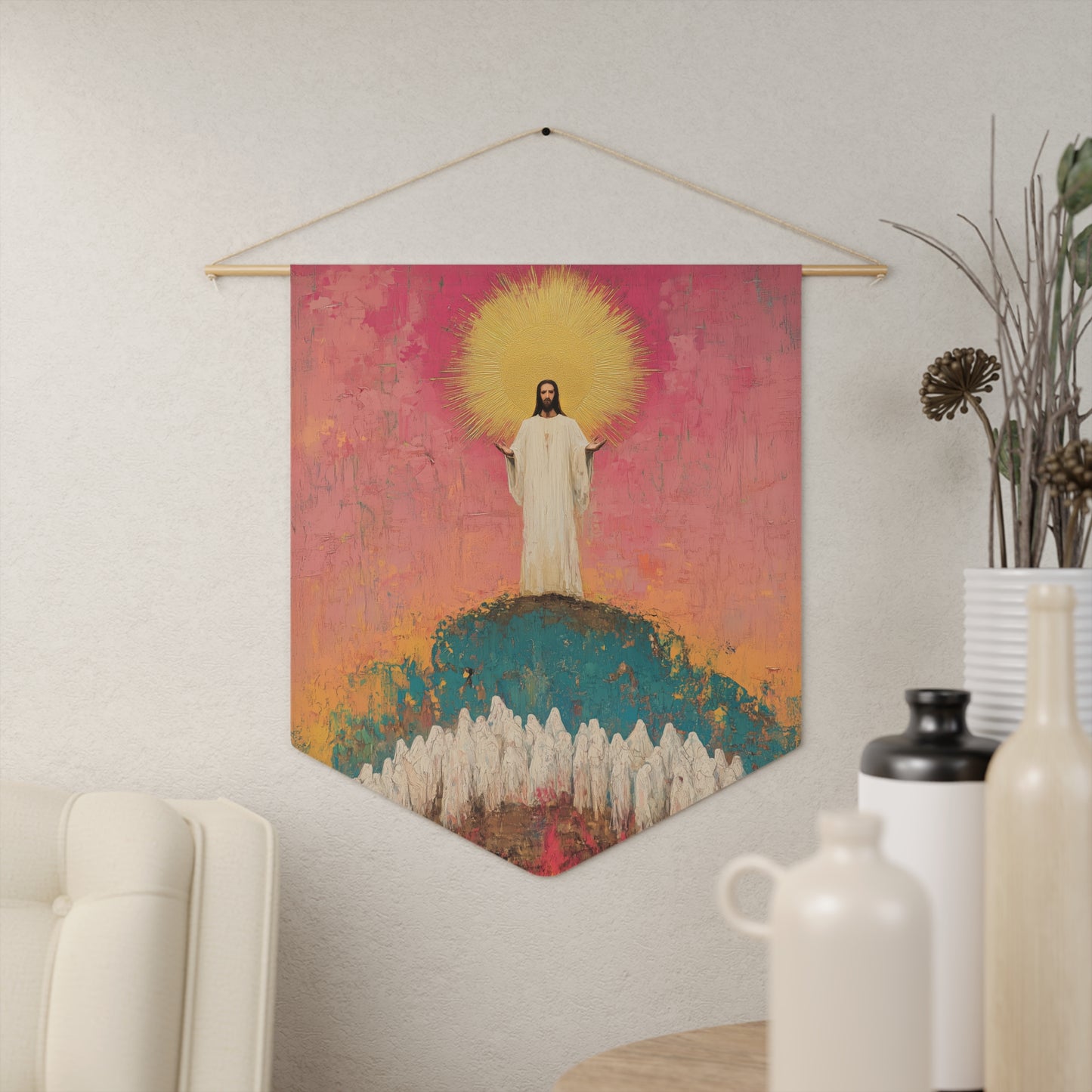 Light Pierced the Abyss Pennant / Banner / Wall Hanging - Prayer room art - Catholic Home - 18" x 21"