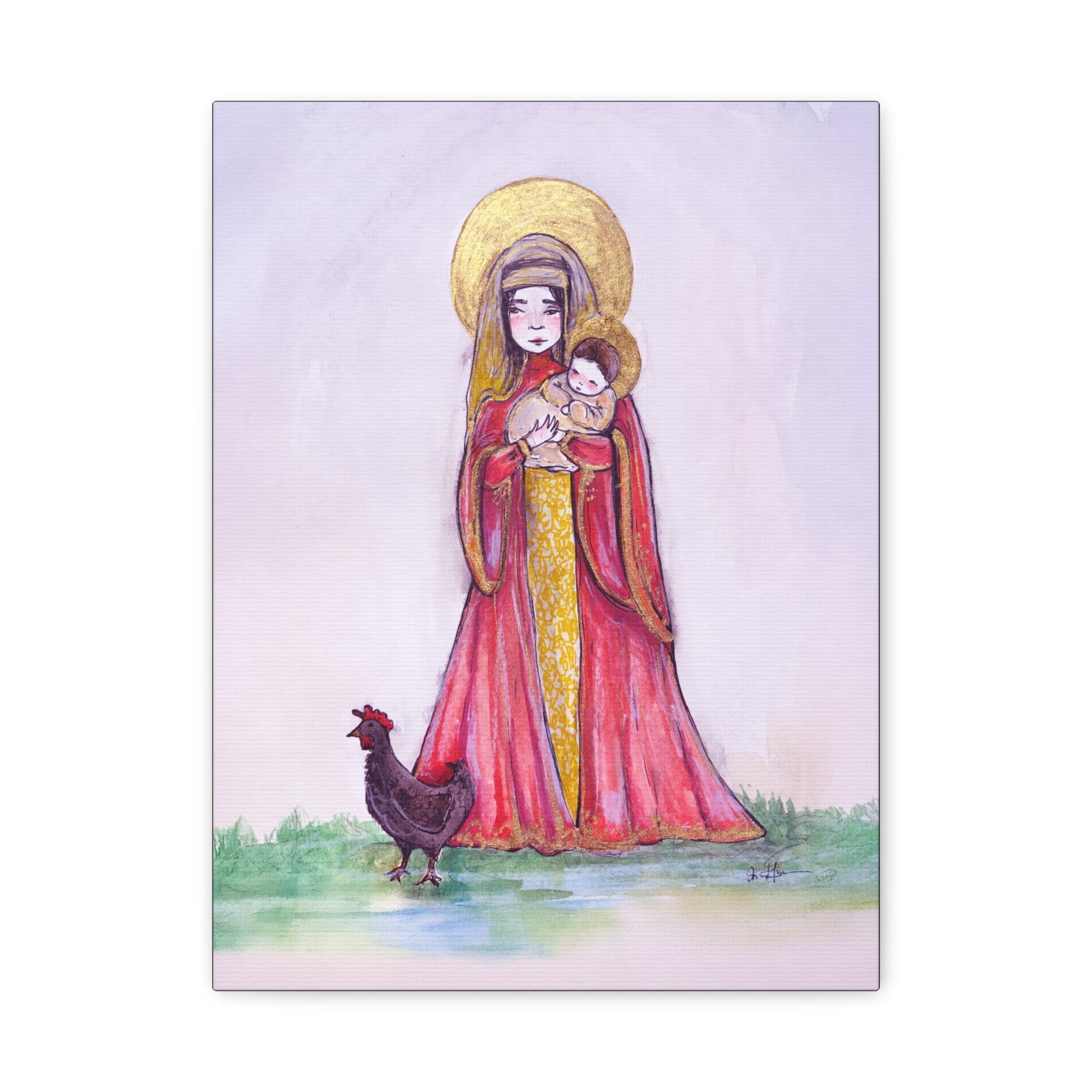 Our Lady of the Hens Catholic Canvas Print | Virgin Mary and Child Sacred Art | Hand-Drawn Watercolor Marian Wall Art
