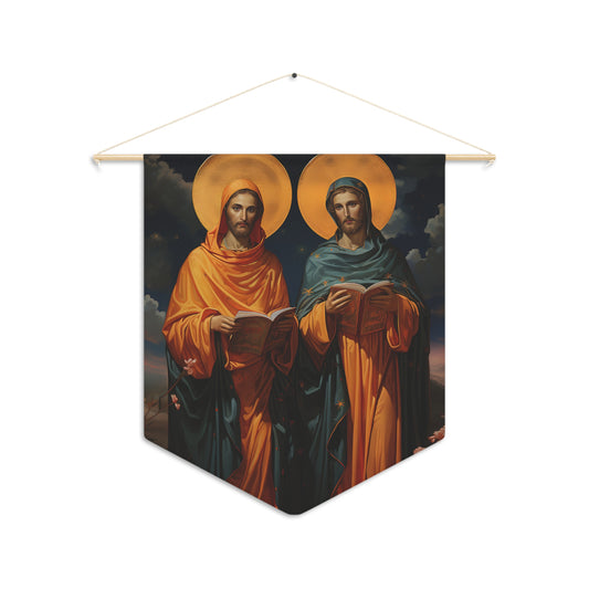 Saints Cosmas and Damian Wall Banner / Wall Hanging - Prayer room art - Catholic Home Art - Large Print - 18" x 21"