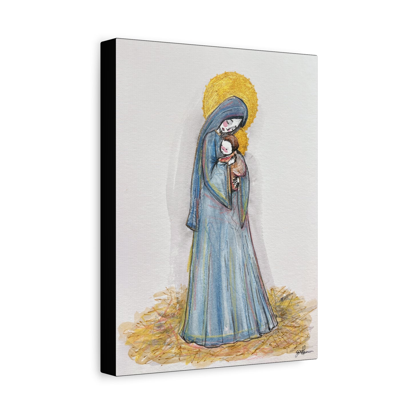 Our Lady of the Manger - Mother Mary Art - Catholic Canvas Print | Virgin Mary Sacred Art | Hand-Drawn Watercolor Christian Wall Art