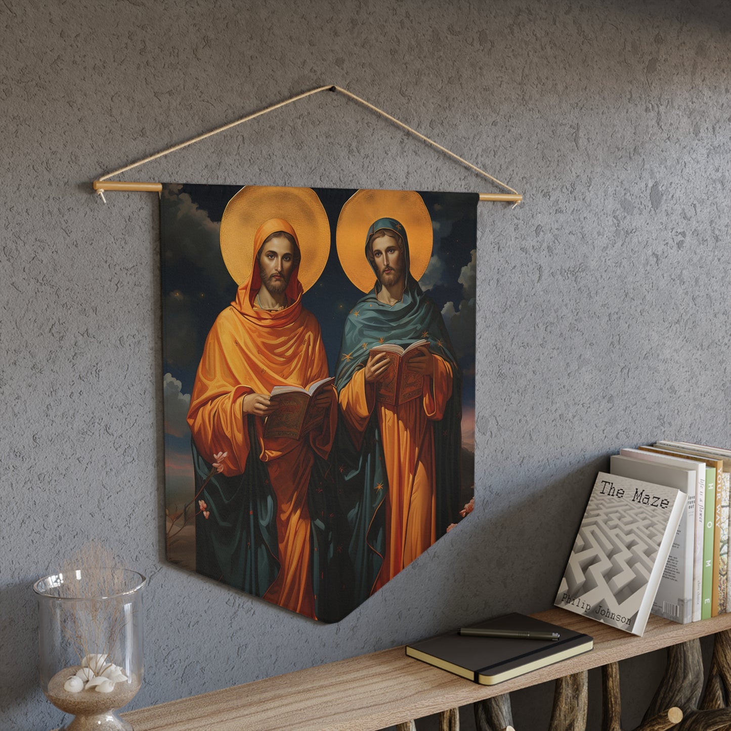 Saints Cosmas and Damian Wall Banner / Wall Hanging - Prayer room art - Catholic Home Art - Large Print - 18" x 21"