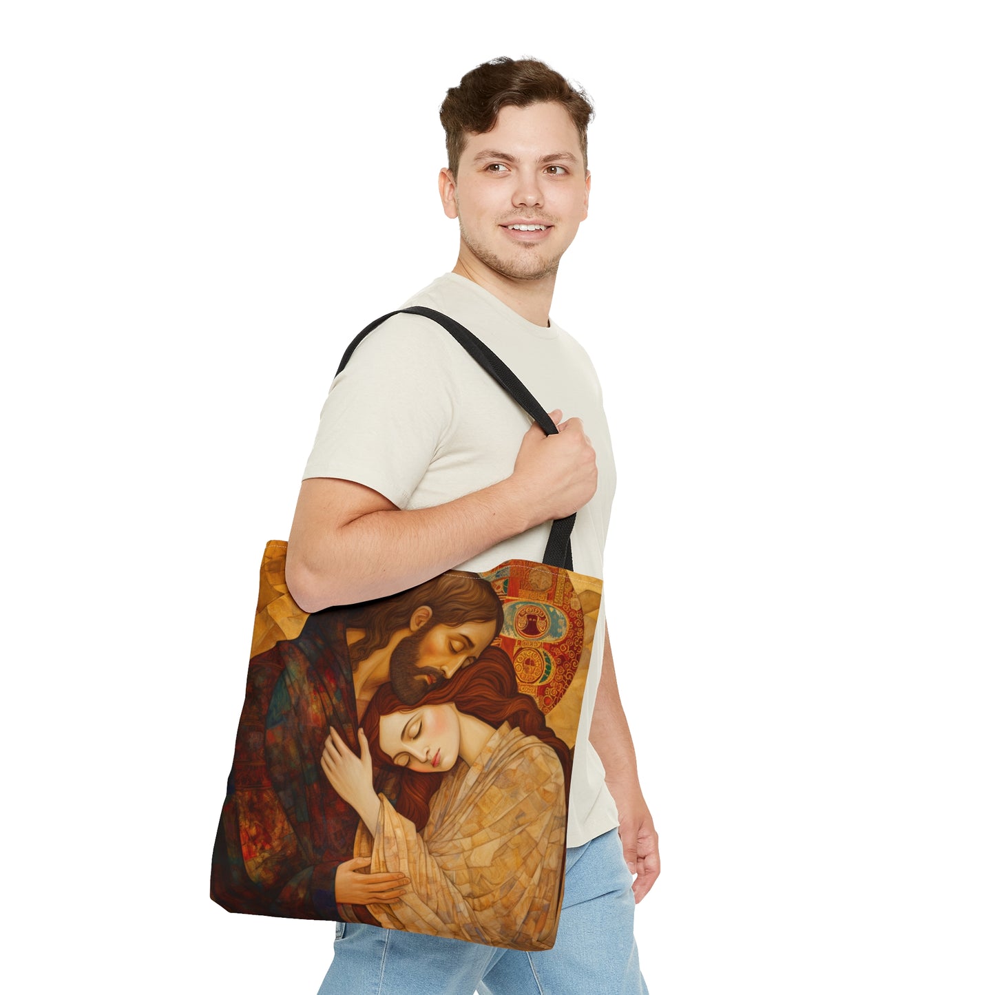 Healing Love- The Embrace of Christ and Mary Magdalene Tote Bag - Catholic faith inspired carry-all purse - Based on The Kiss by Klimt
