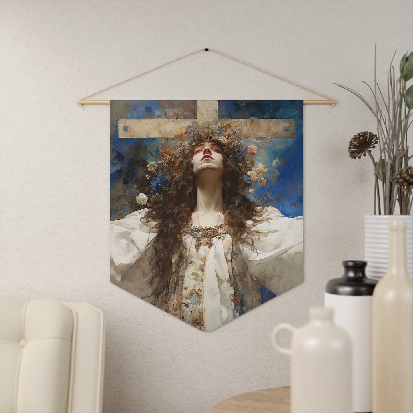 Saint Wilgefortis Wall Banner / Wall Hanging - Prayer room art - Catholic Home Art - Large Print - 18" x 21"