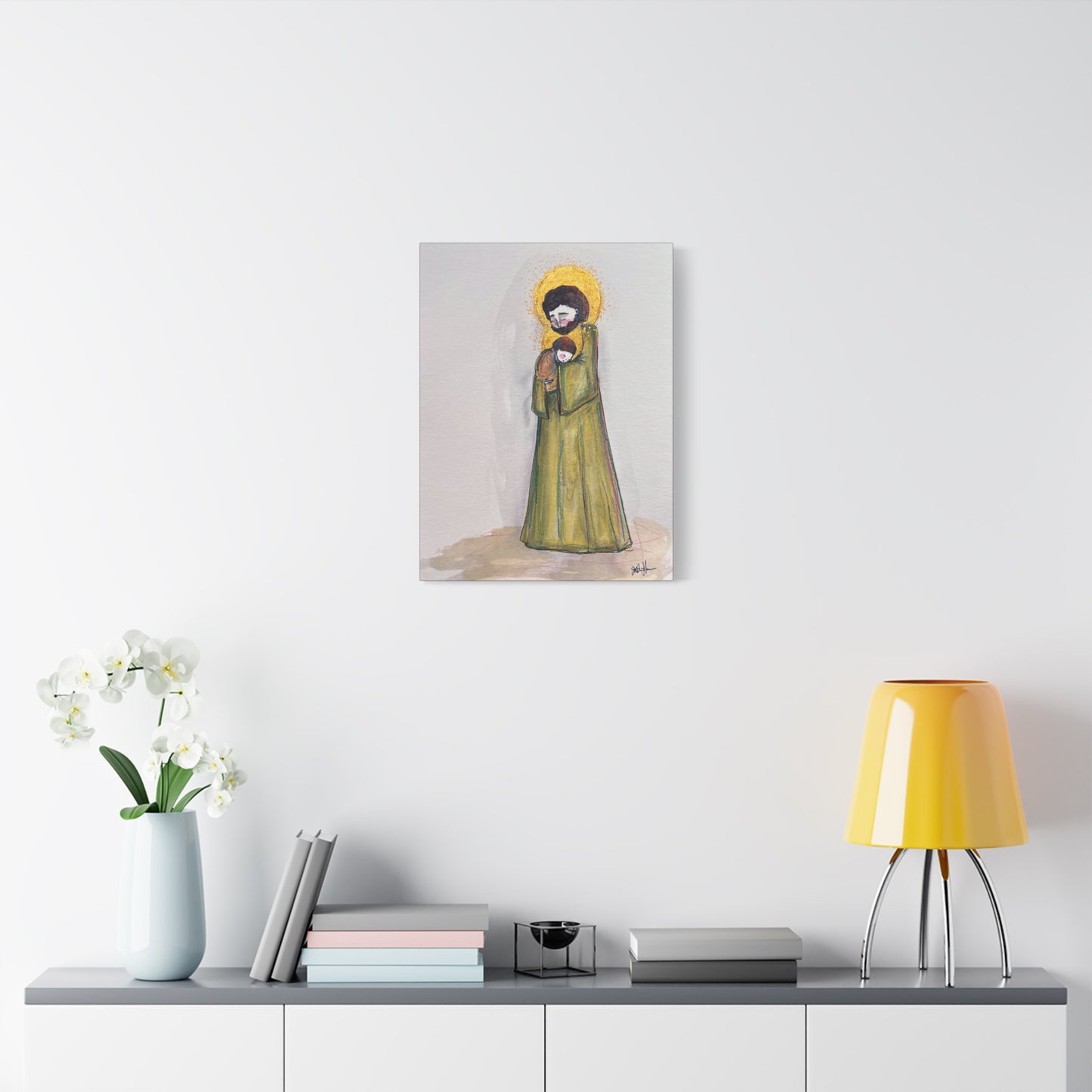 Saint Joseph and Child Jesus Catholic Canvas Print | Hand-Drawn Watercolor Sacred Art | Christian Devotional Wall Art