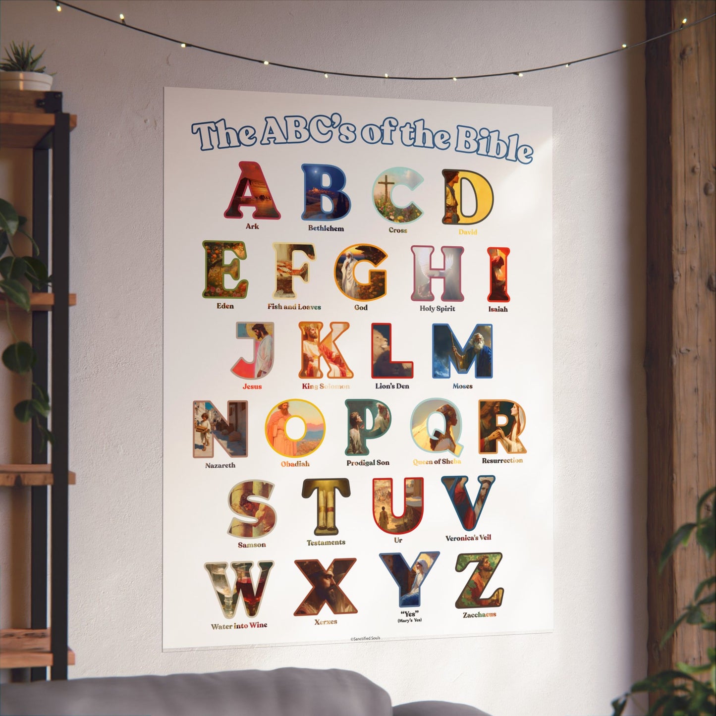 Bible ABC Poster - ABCs of the Bible Wall Art - Biblical People Places and Stories Chart - Christian Homeschool or Sunday School Decor