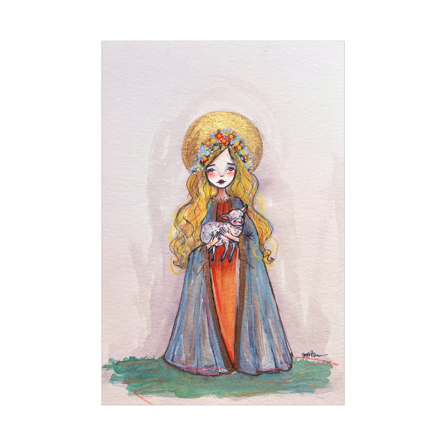 Saint Agnes of Rome Catholic Canvas Print | Christian Sacred Art | Hand-Drawn Watercolor Devotional Wall Art Religious Artwork