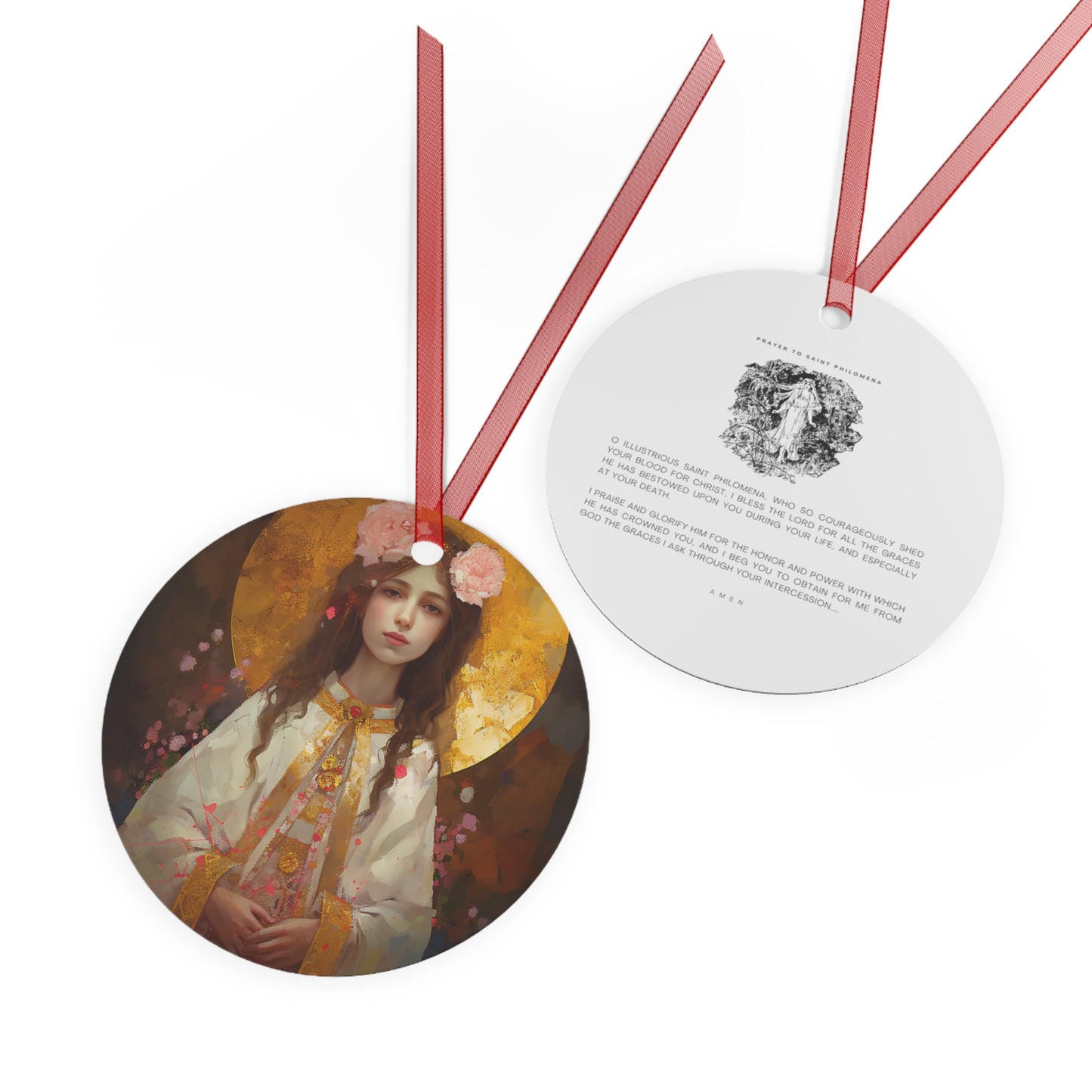 Saint Philomena Metal Ornament - Religious Holiday Christmas Ornament and Keepsake - Double sided - Prayer Ornament
