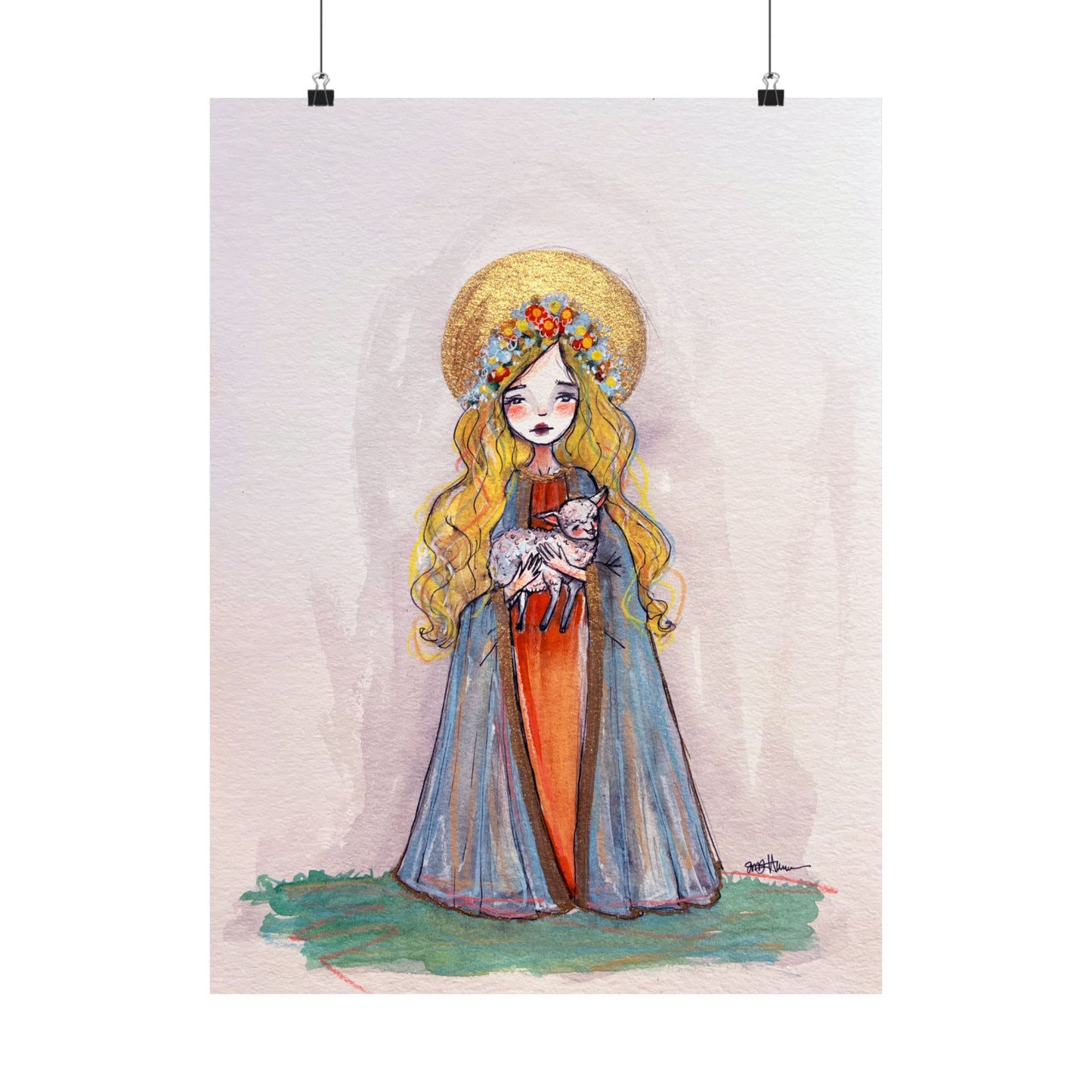Saint Agnes of Rome Catholic Art Print | Hand-Drawn Watercolor Sacred Artwork | Christian Devotional Wall Art Religious Poster