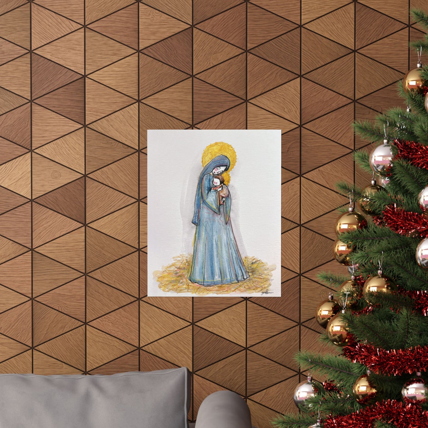 Our Lady of the Manger Catholic Art Print | Hand-Drawn Watercolor Virgin Mary Artwork | Christian Devotional Wall Art