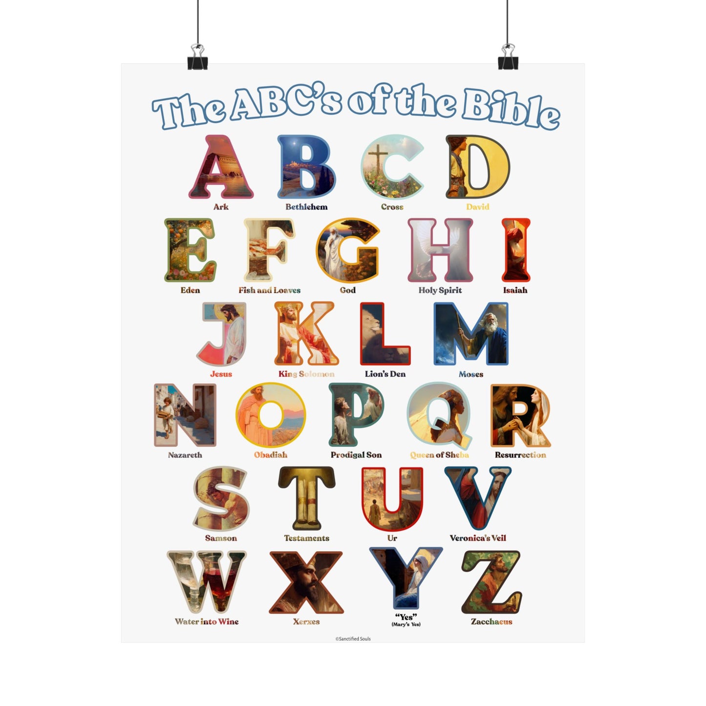 Bible ABC Poster - ABCs of the Bible Wall Art - Biblical People Places and Stories Chart - Christian Homeschool or Sunday School Decor