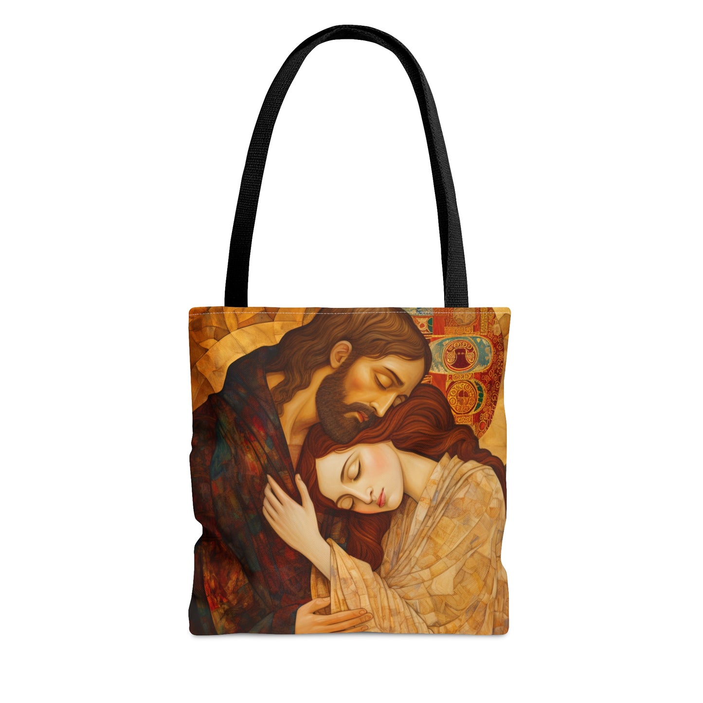 Healing Love- The Embrace of Christ and Mary Magdalene Tote Bag - Catholic faith inspired carry-all purse - Based on The Kiss by Klimt