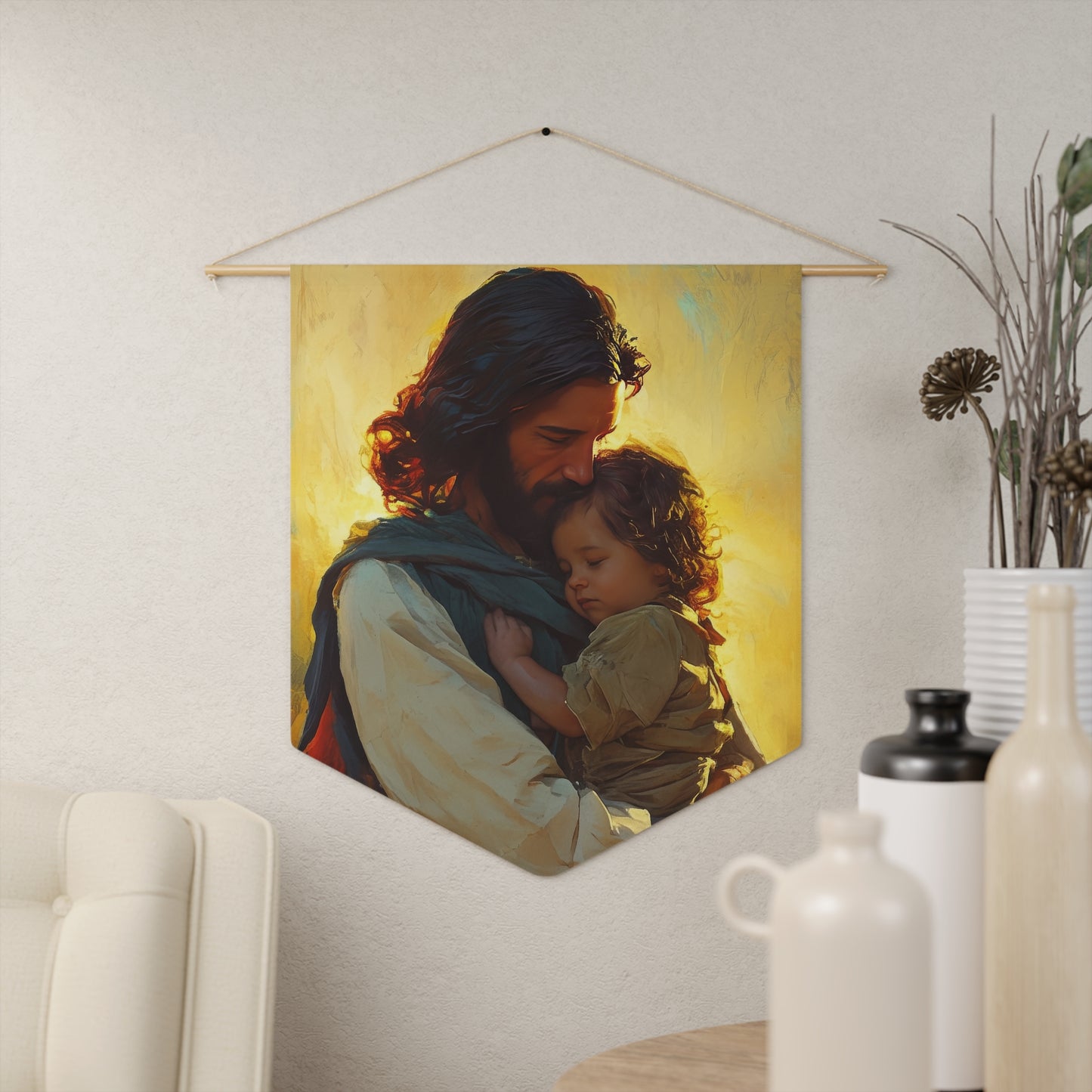 Divine Protector of the Innocent Pennant / Banner / Wall Hanging - Prayer room art - 18" x 21" - Catholic Gift - Christ and Child