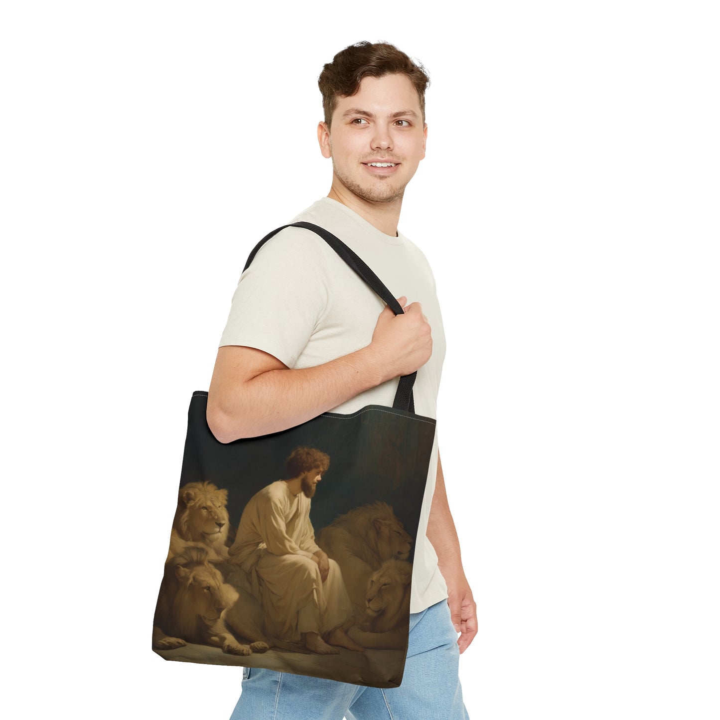 Faith Amid the Beasts - Daniel in the Lions Den Tote Bag - Large Medium Small Faith Art Bag - Bible Study Faith Purse - Double Sided