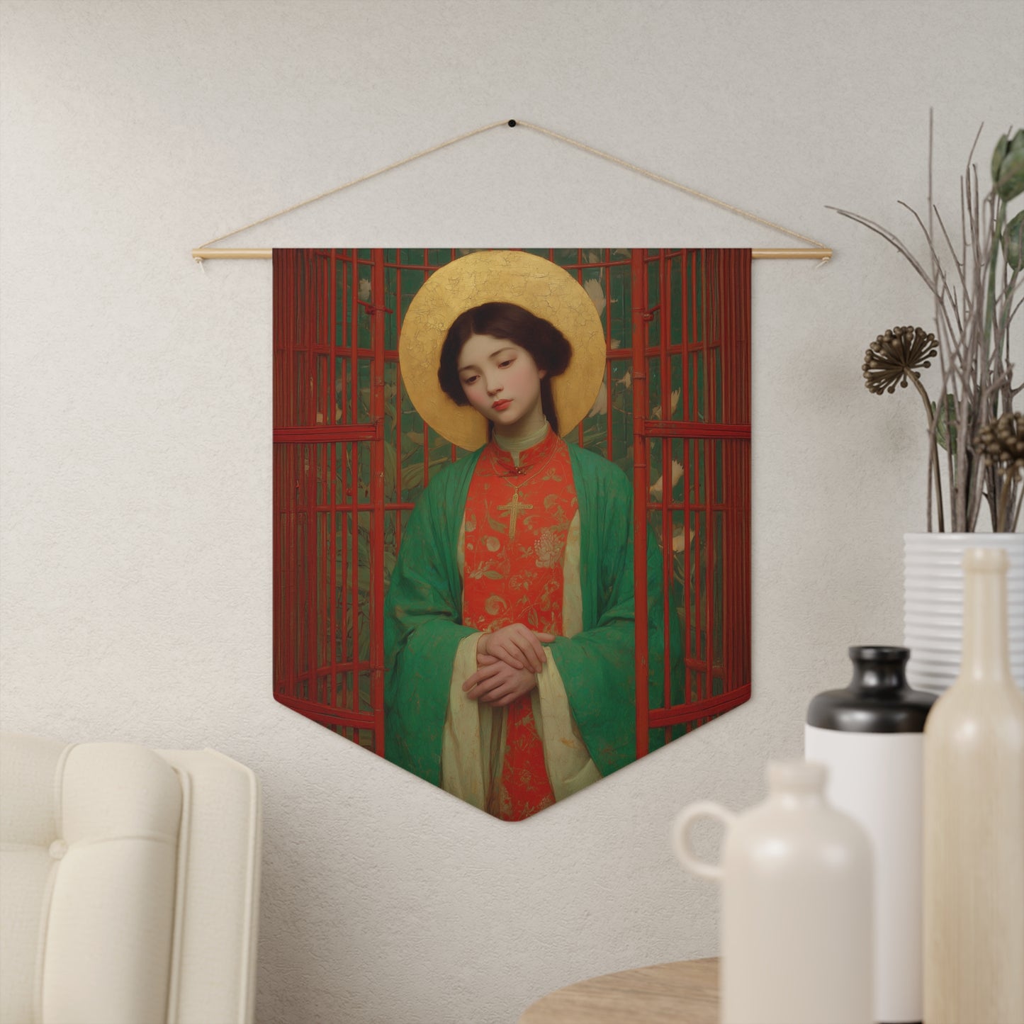 Saint Agnes Tsao Kou Ying Pennant / Banner / Wall Hanging - Prayer room art - 18" x 21" - Catholic - Large Banner
