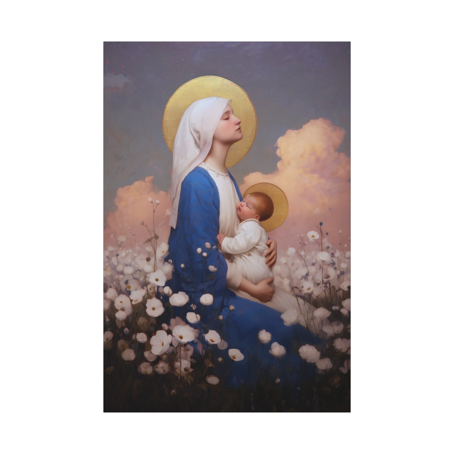 Mother Mary - Our Lady Among the Flowers -  Museum Wrapped Canvas - Sanctified Souls Print - Religious Art for your Home - Catholic Mother Mary Art