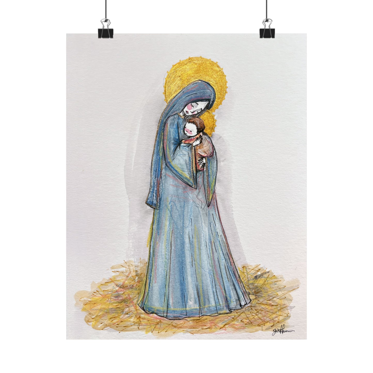 Our Lady of the Manger Catholic Art Print | Hand-Drawn Watercolor Virgin Mary Artwork | Christian Devotional Wall Art