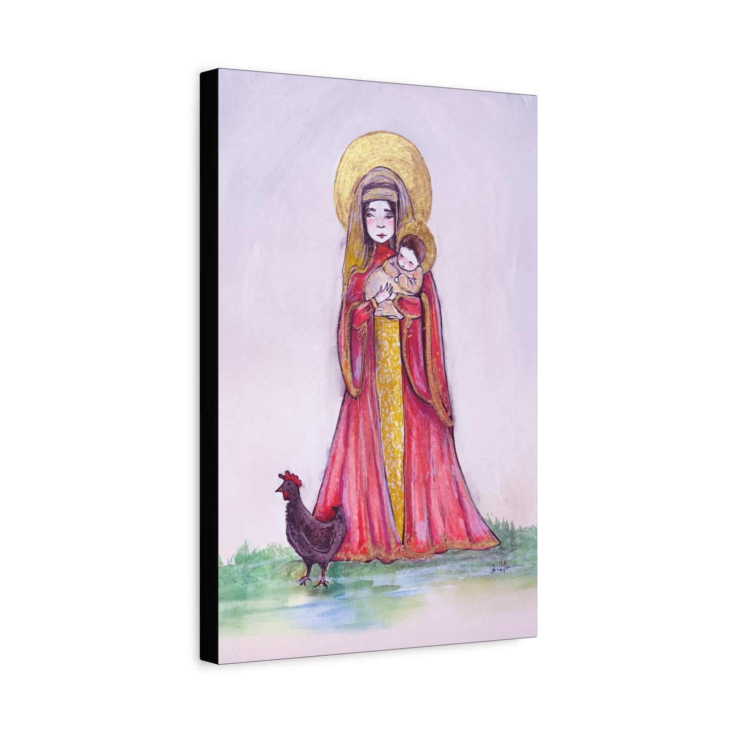 Our Lady of the Hens Catholic Canvas Print | Virgin Mary and Child Sacred Art | Hand-Drawn Watercolor Marian Wall Art