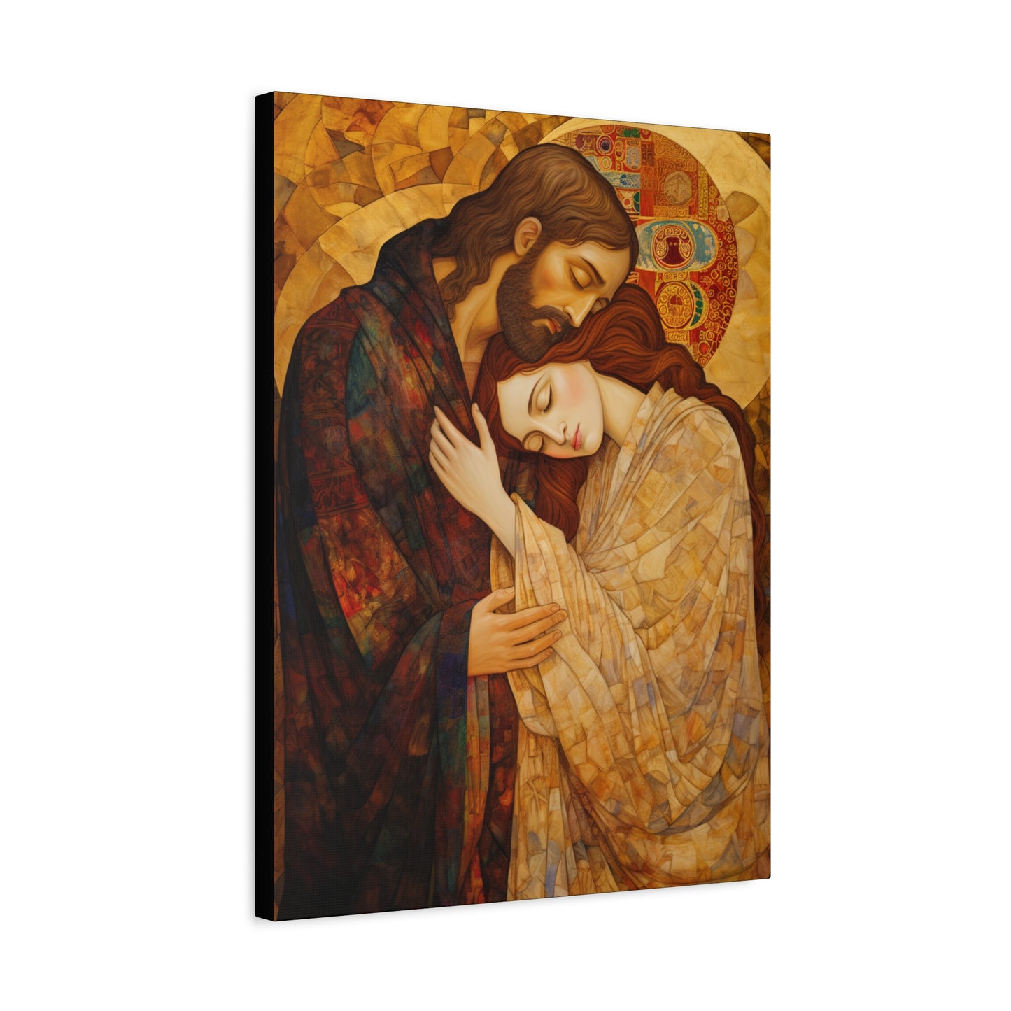 Healing Love- The Embrace of Christ and Mary Magdalene Museum Wrapped Canvas - Sanctified Souls Print -Based on Klimt's The Kiss