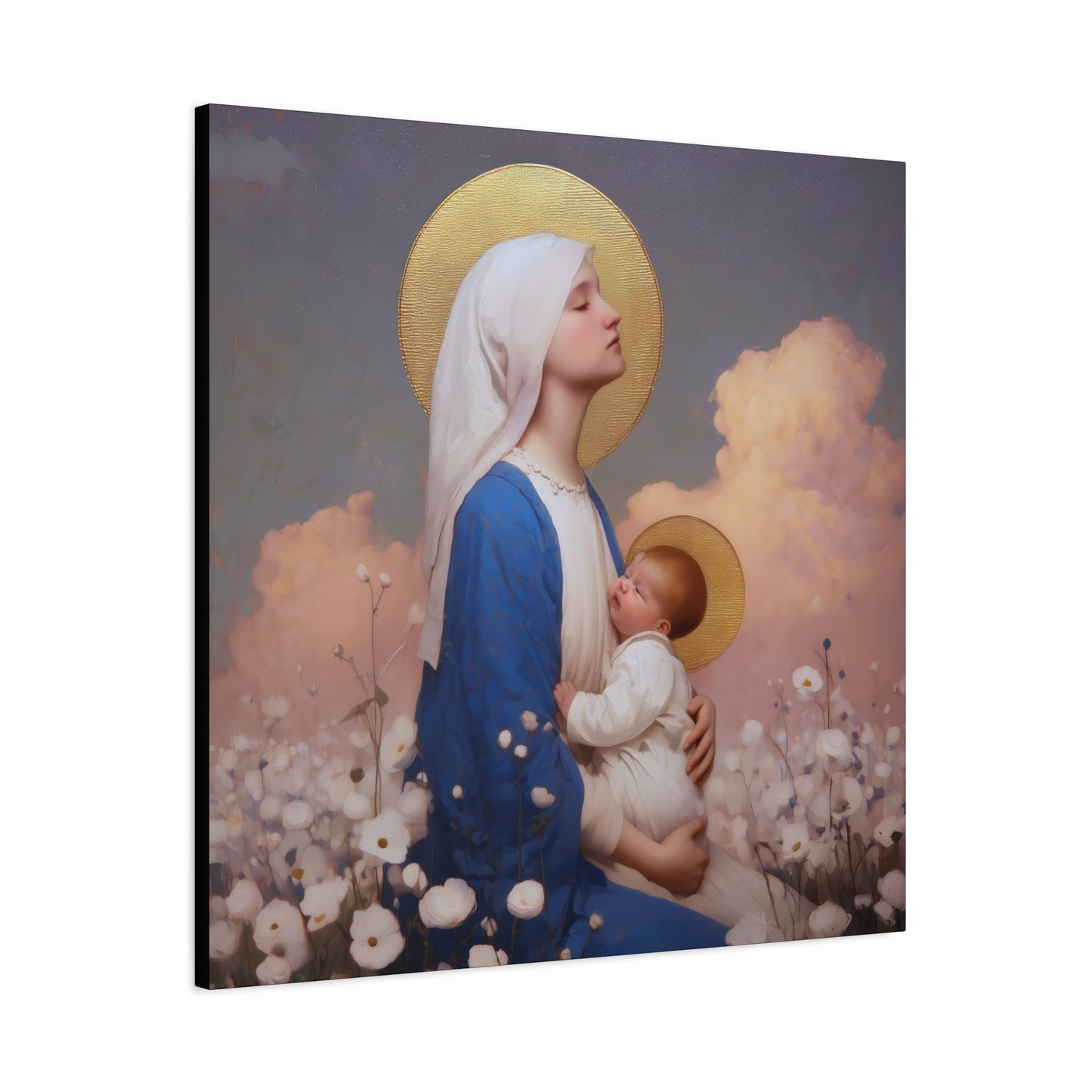 Mother Mary - Our Lady Among the Flowers -  Museum Wrapped Canvas - Sanctified Souls Print - Religious Art for your Home - Catholic Mother Mary Art