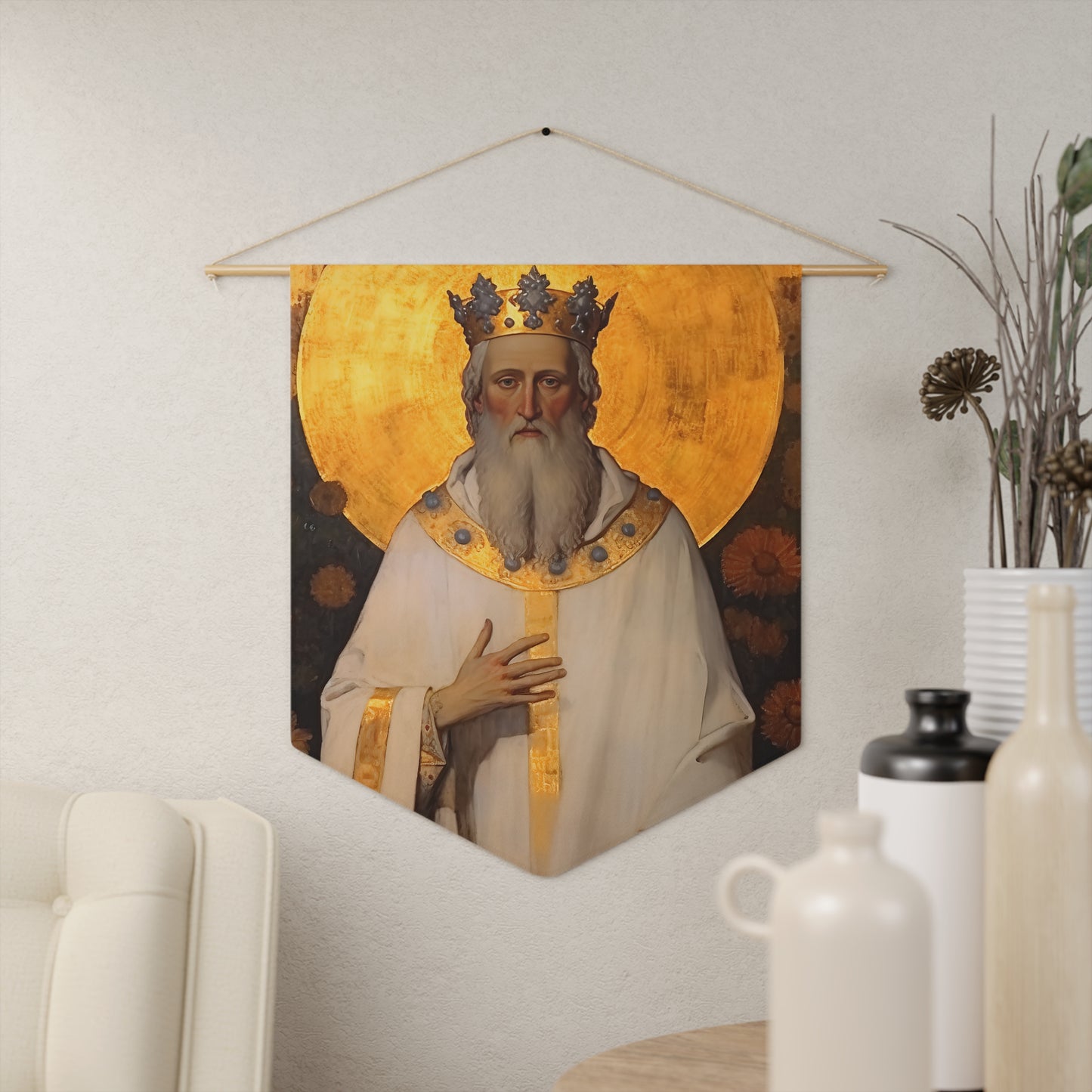 Saint Edward the Confessor Wall Banner / Wall Hanging - Prayer room art - Catholic Home Art - Large Saint Art - 18" x 21"