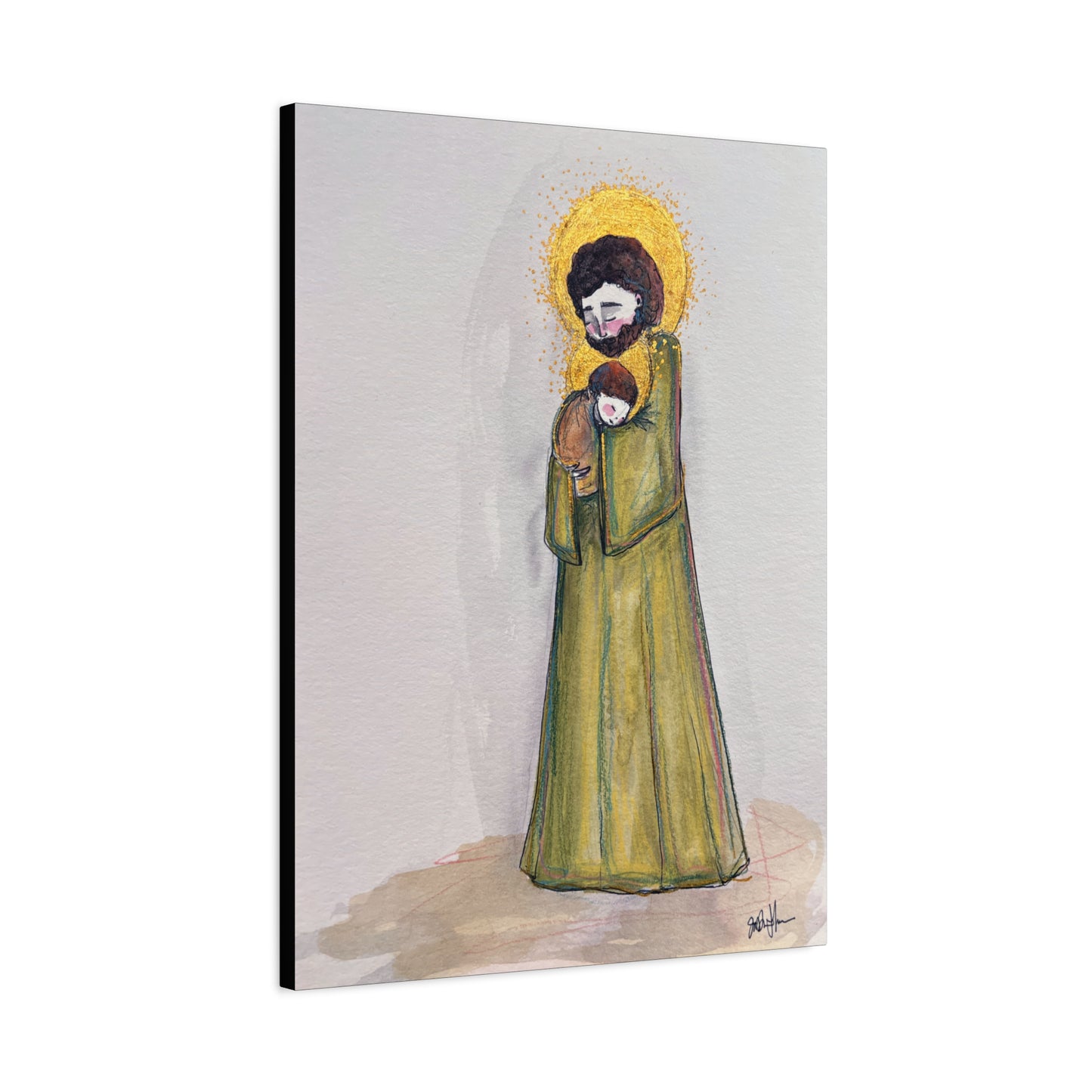Saint Joseph and Child Jesus Catholic Canvas Print | Hand-Drawn Watercolor Sacred Art | Christian Devotional Wall Art