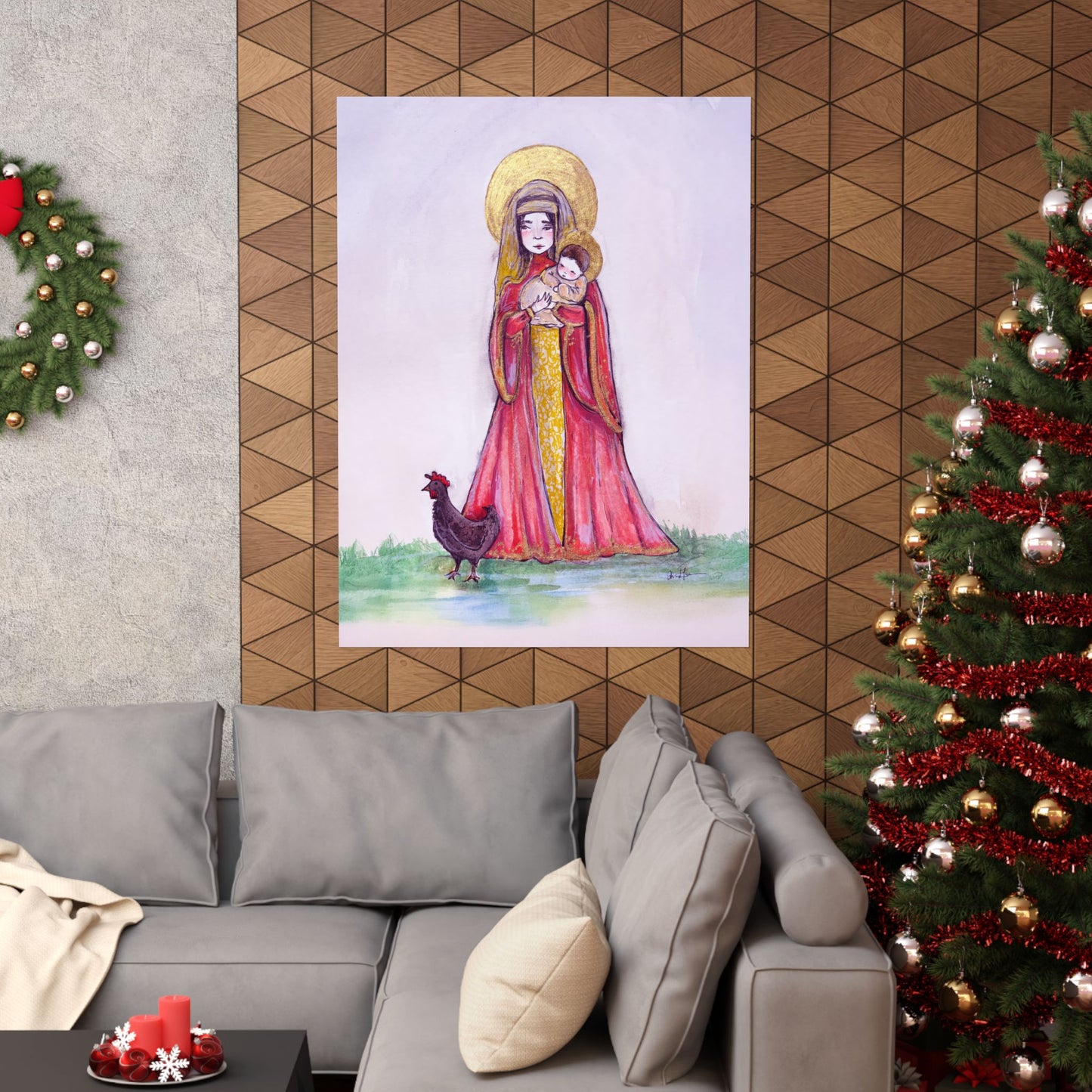 Our Lady of the Hens Catholic Art Print | Hand-Drawn Watercolor Virgin Mary Artwork | Christian Devotional Marian Wall Art
